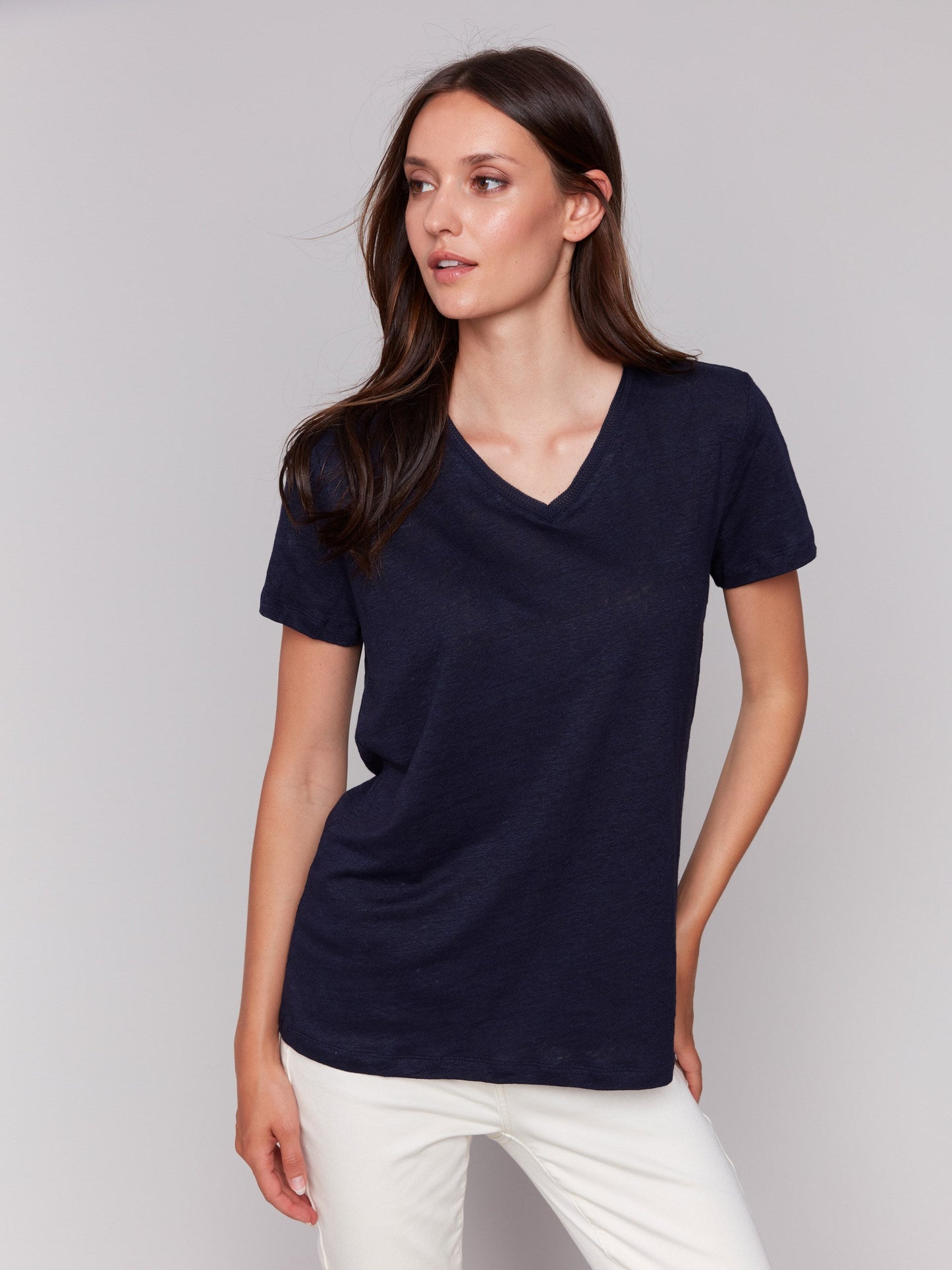 Linen Blend V-Neck T-Shirt - Navy