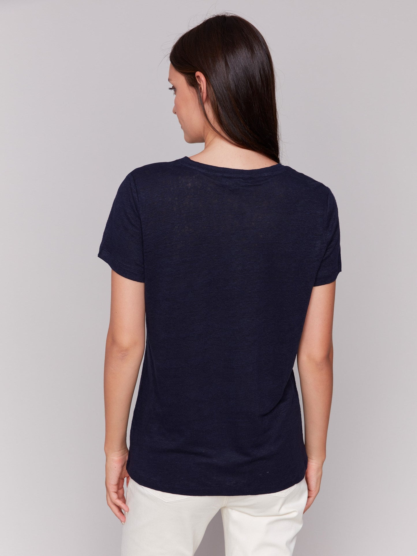 Linen Blend V-Neck T-Shirt - Navy