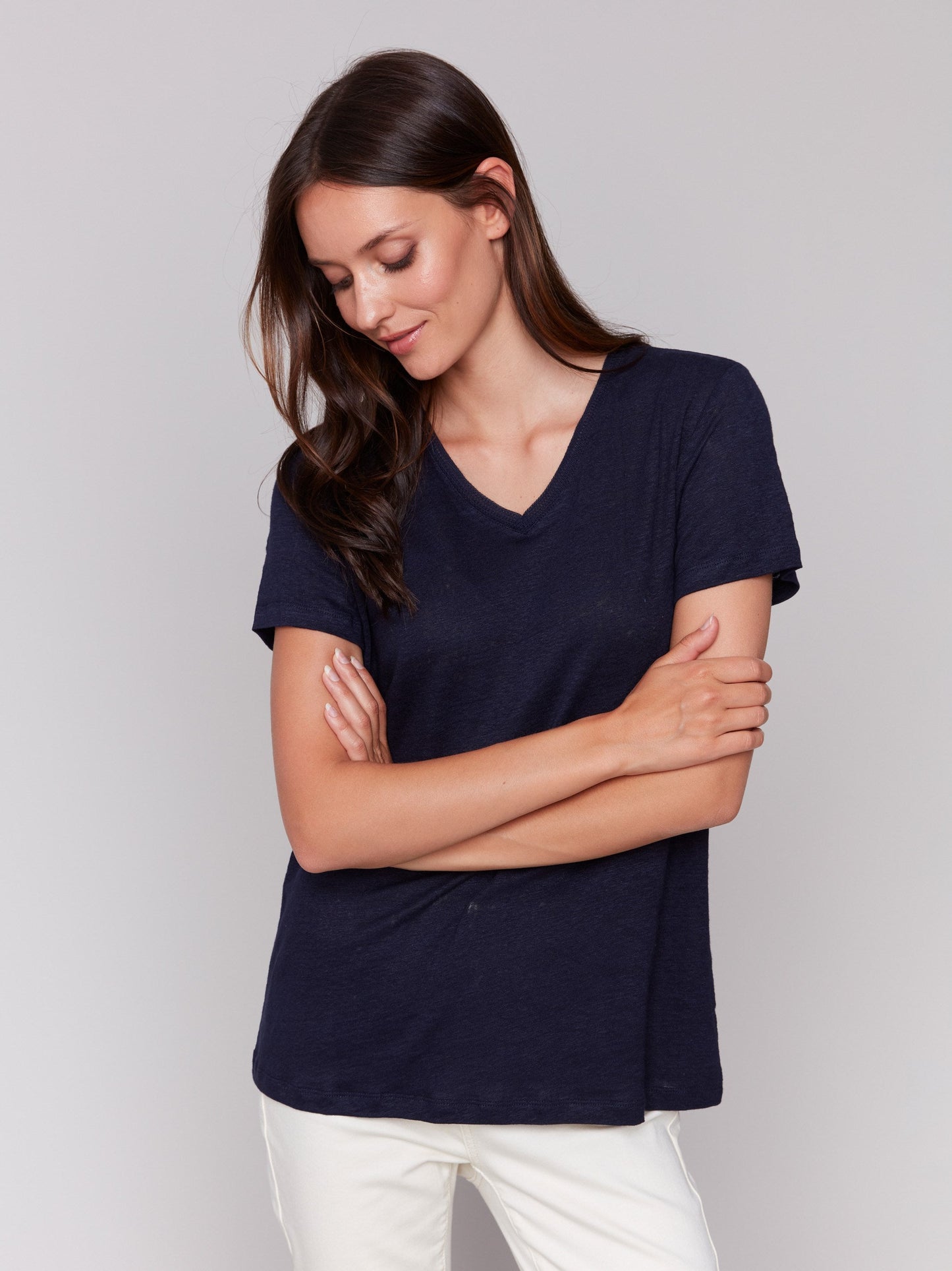 Linen Blend V-Neck T-Shirt - Navy