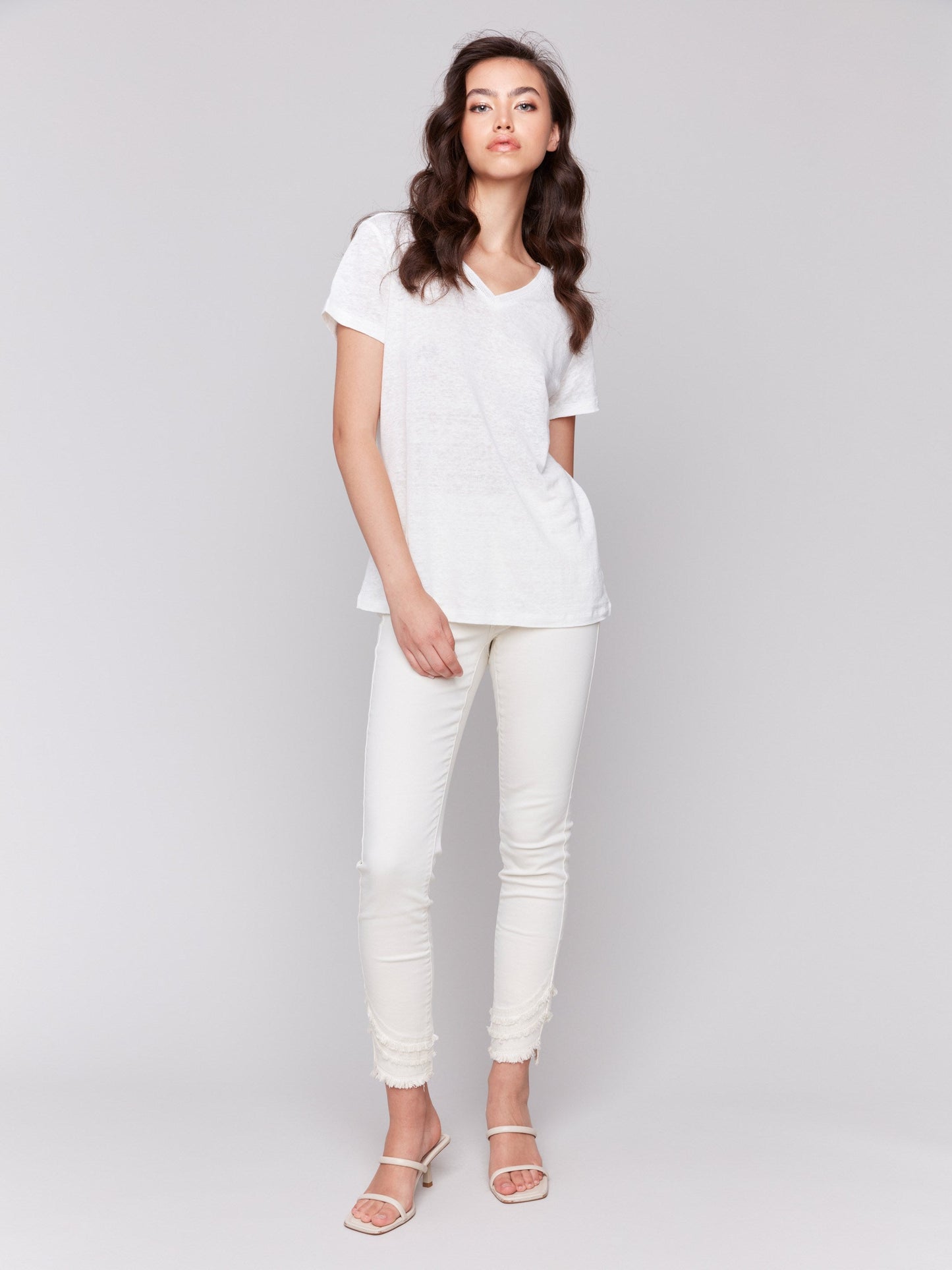 Linen Blend V-Neck T-Shirt - Natural