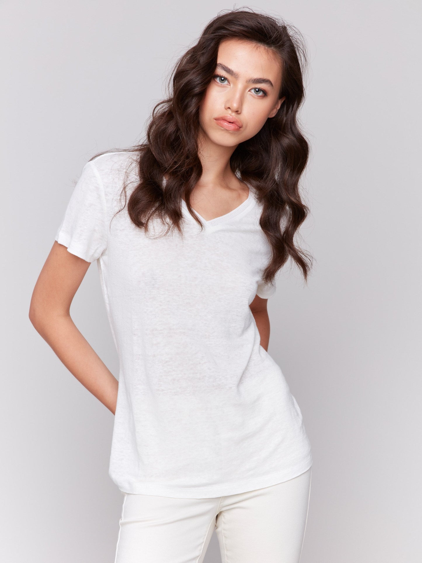 Linen Blend V-Neck T-Shirt - Natural