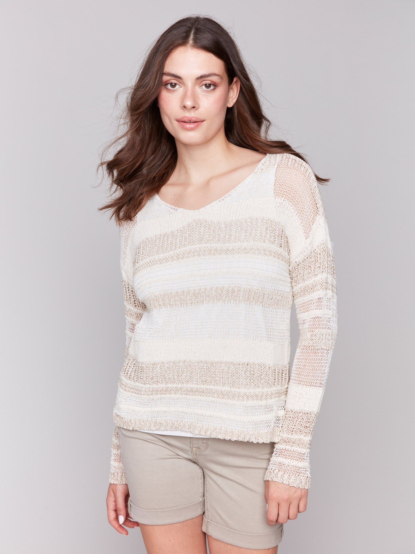 Multi-Yarn Striped Sweater - Beige