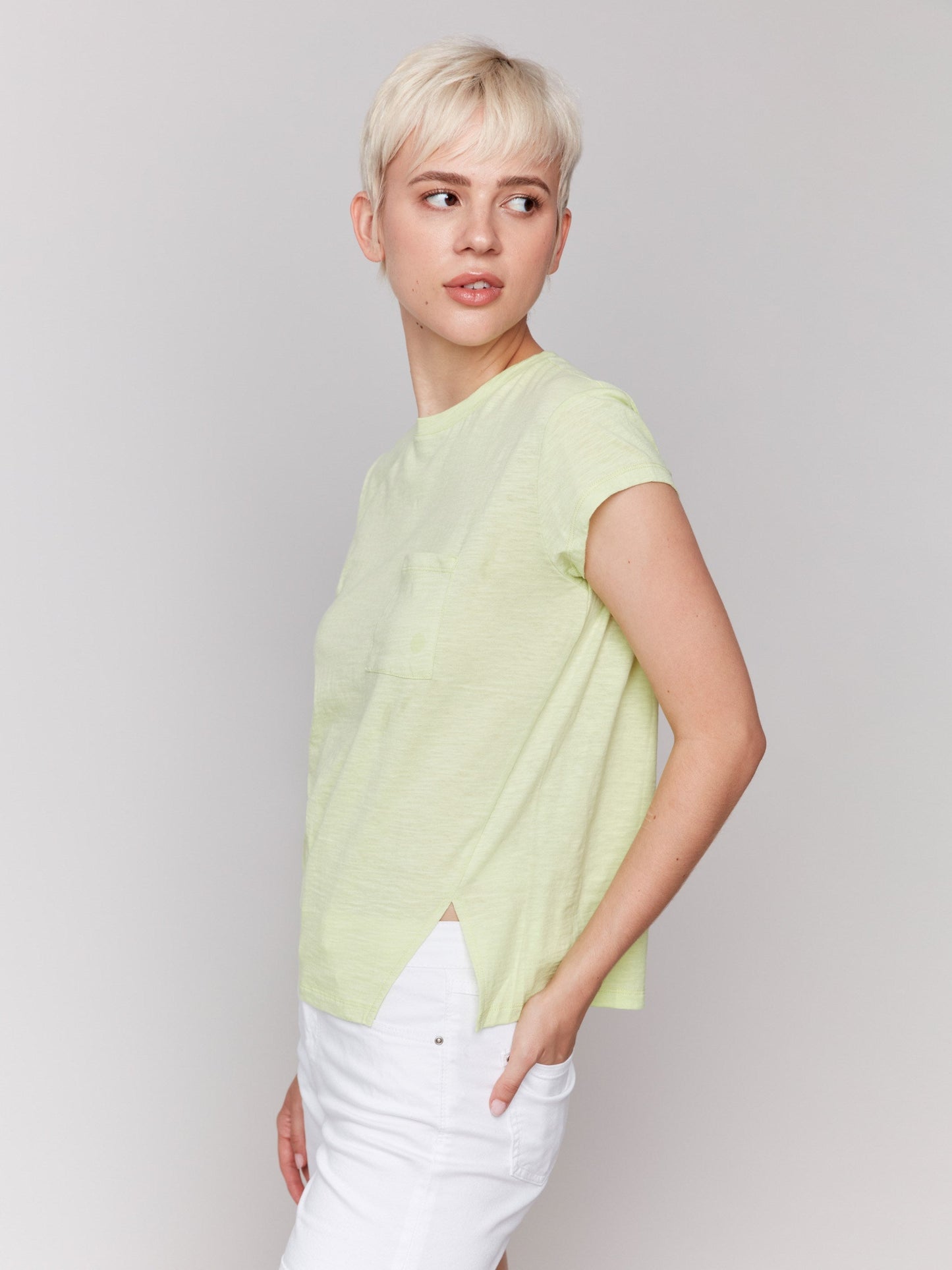 Organic Cotton Cap Sleeve T-Shirt with Slit Detail - Keylime