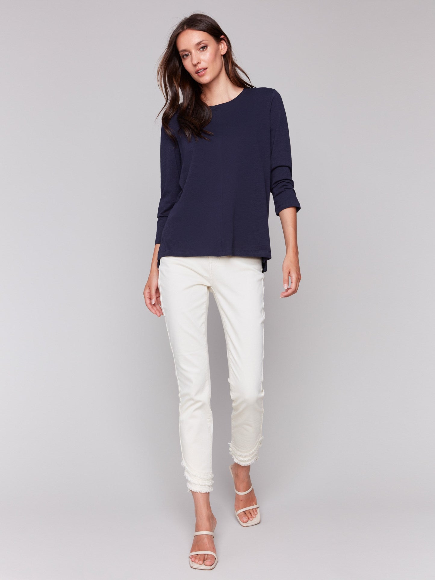 Organic Cotton Slub 3/4 Sleeve Top - Navy