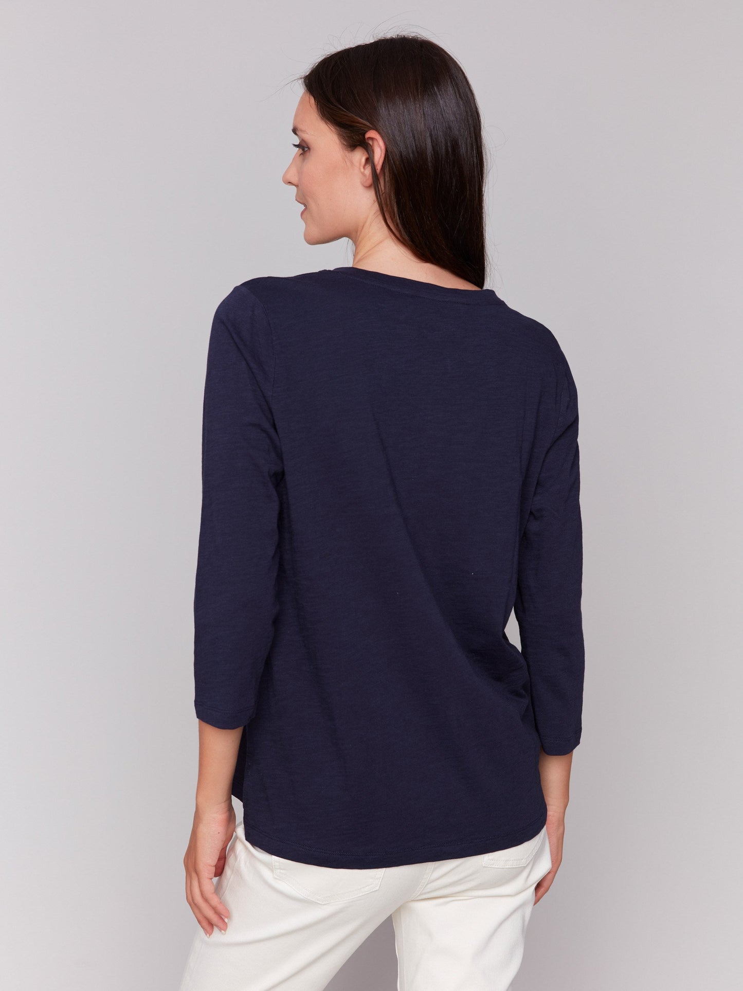 Organic Cotton Slub 3/4 Sleeve Top - Navy