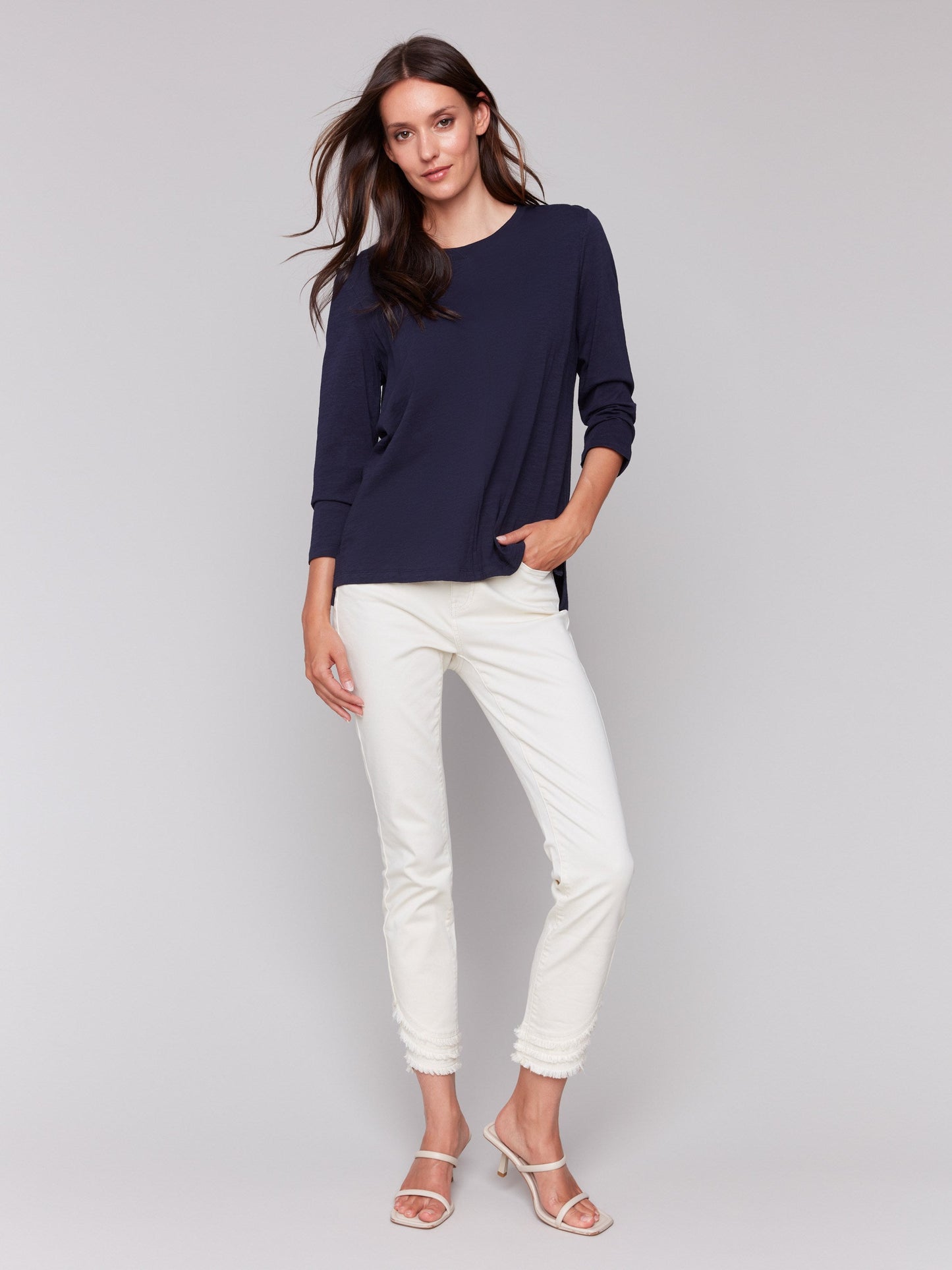 Organic Cotton Slub 3/4 Sleeve Top - Navy