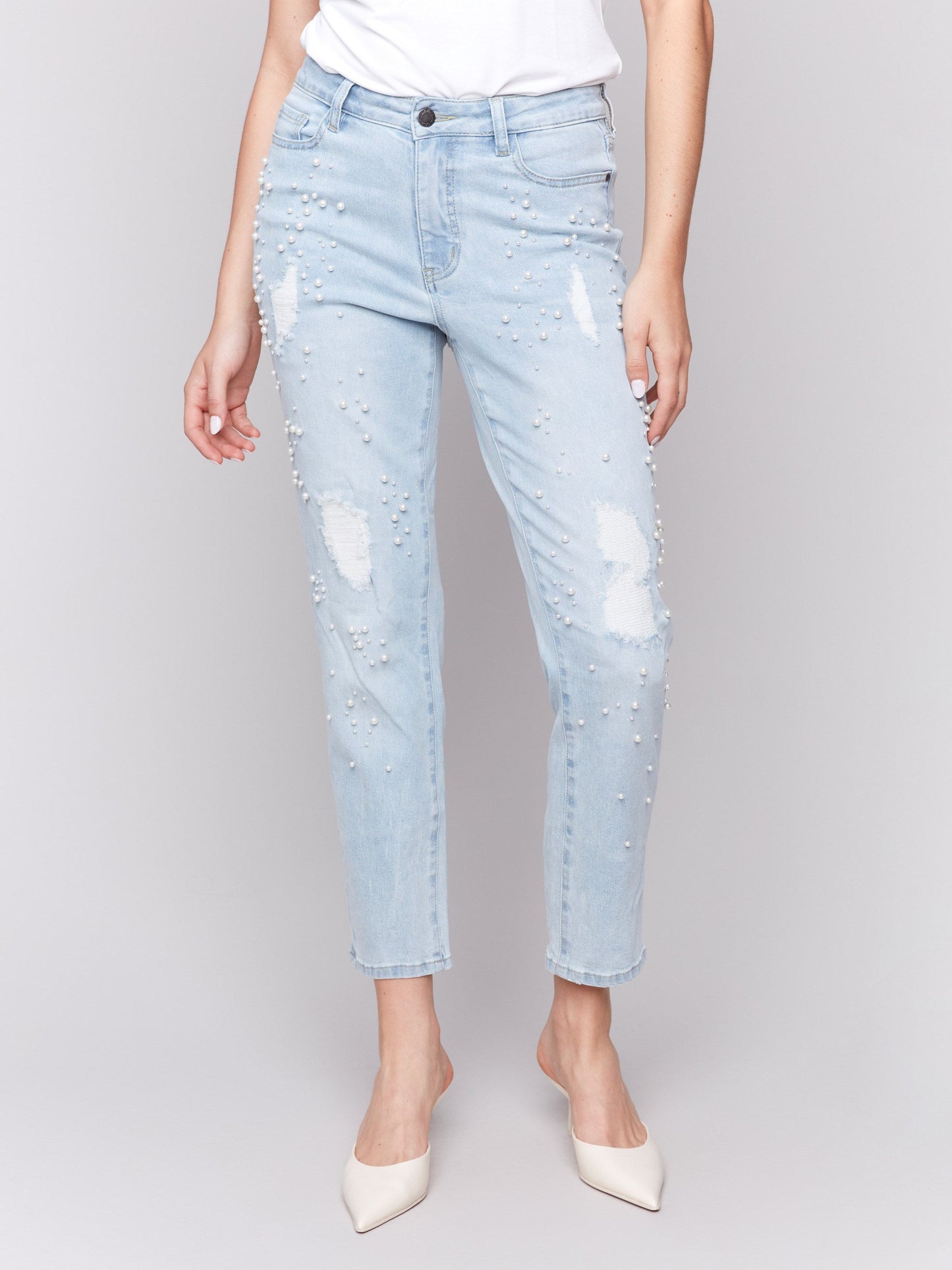 Pearl Appliqué Slim Leg Jeans with Distressed Detail - Light Blue
