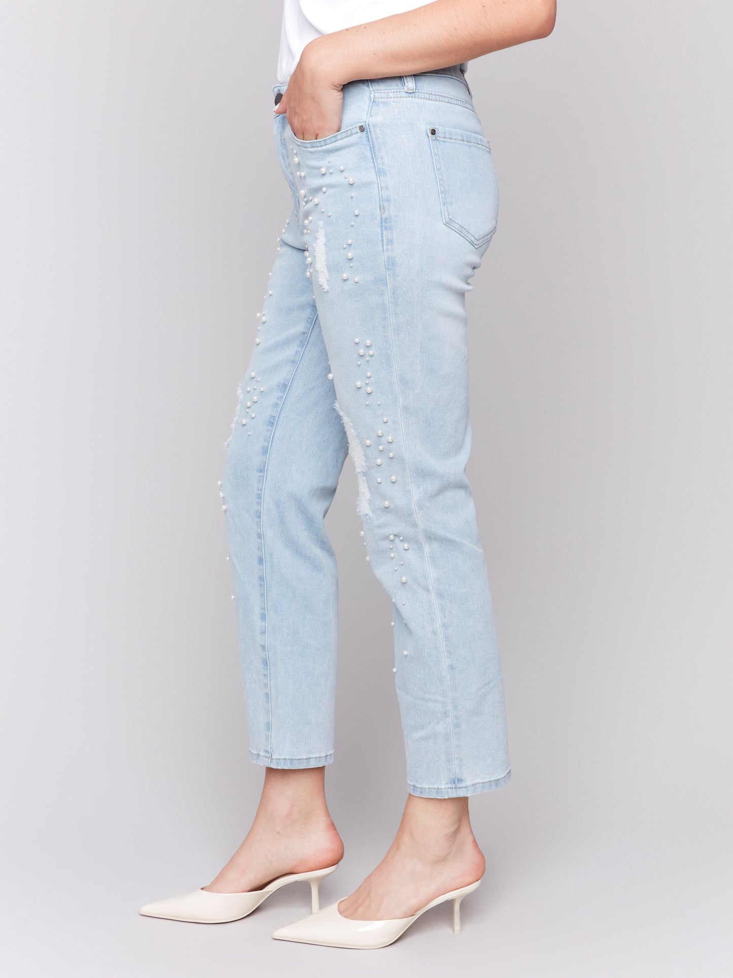 Pearl Appliqué Slim Leg Jeans with Distressed Detail - Light Blue