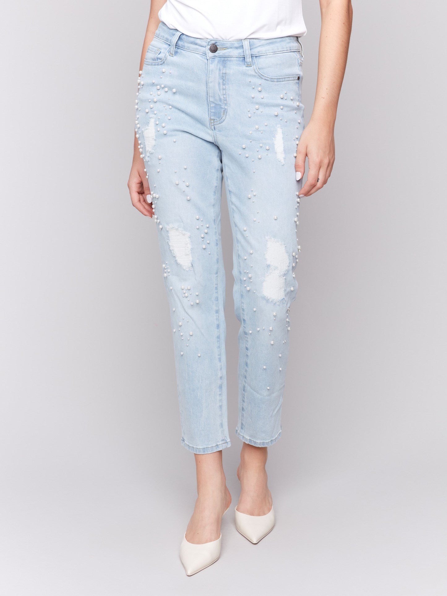 Pearl Appliqué Slim Leg Jeans with Distressed Detail - Light Blue