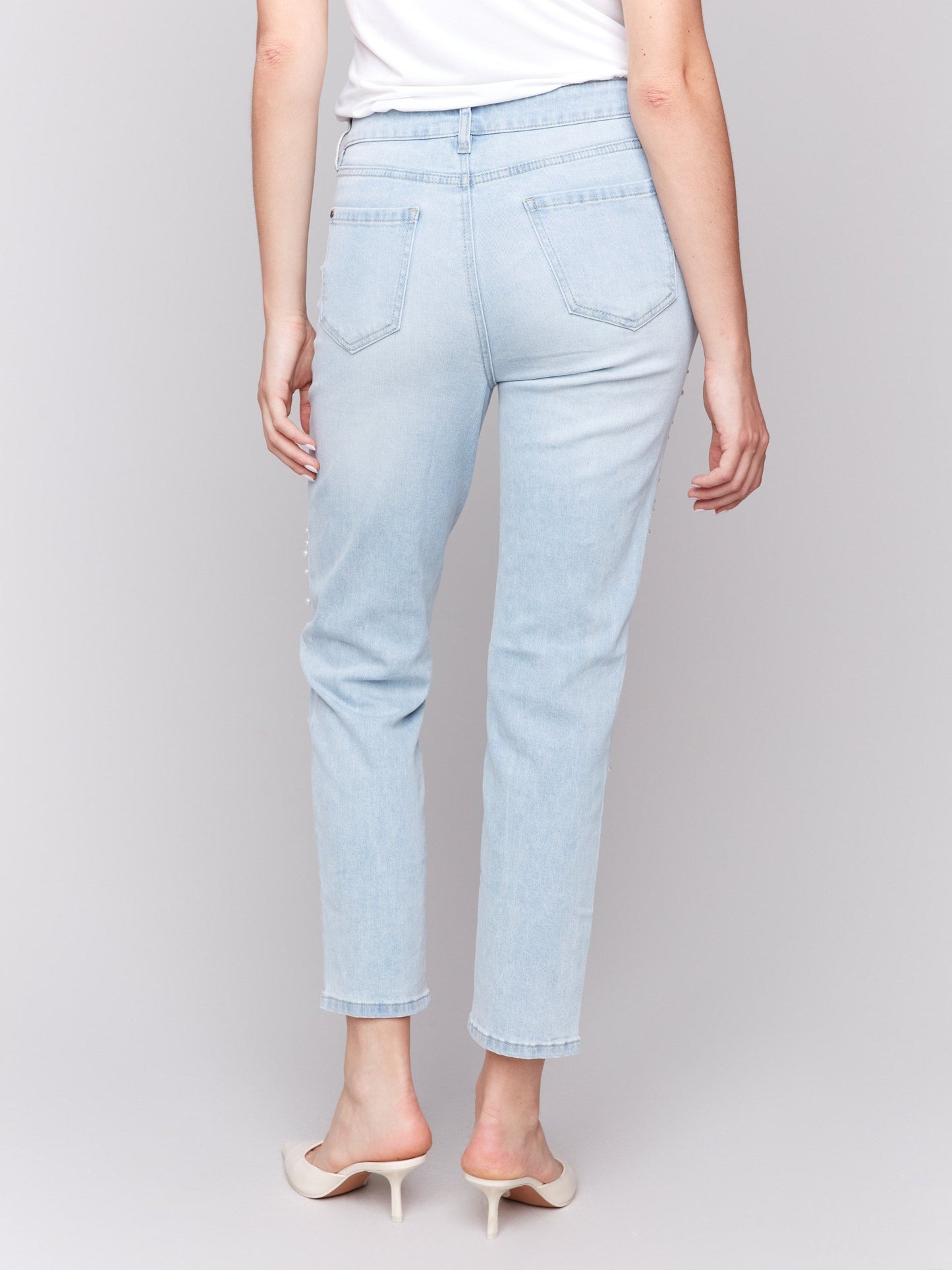 Pearl Appliqué Slim Leg Jeans with Distressed Detail - Light Blue