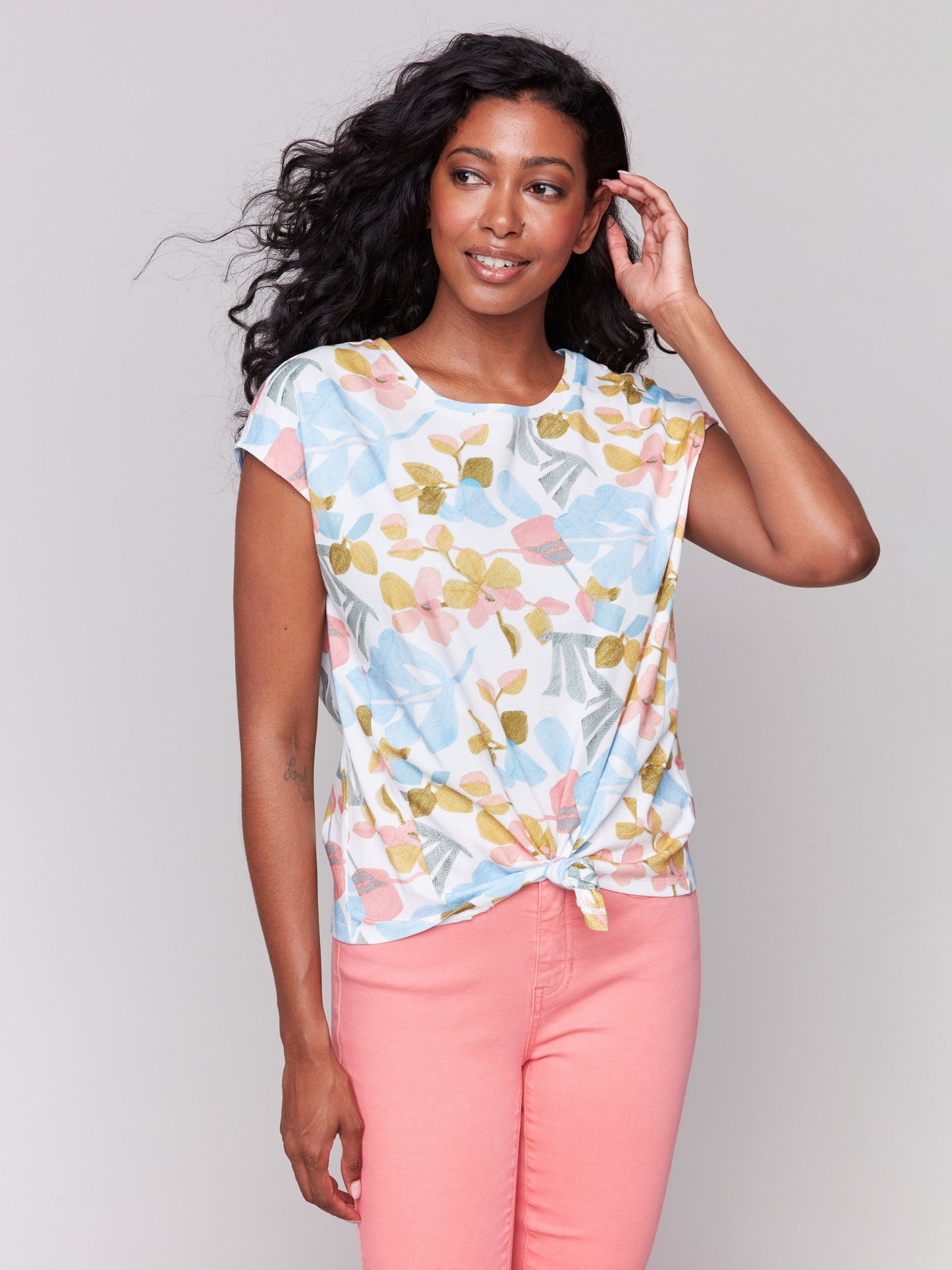 Printed Cotton Front Knot Top - Orchidée