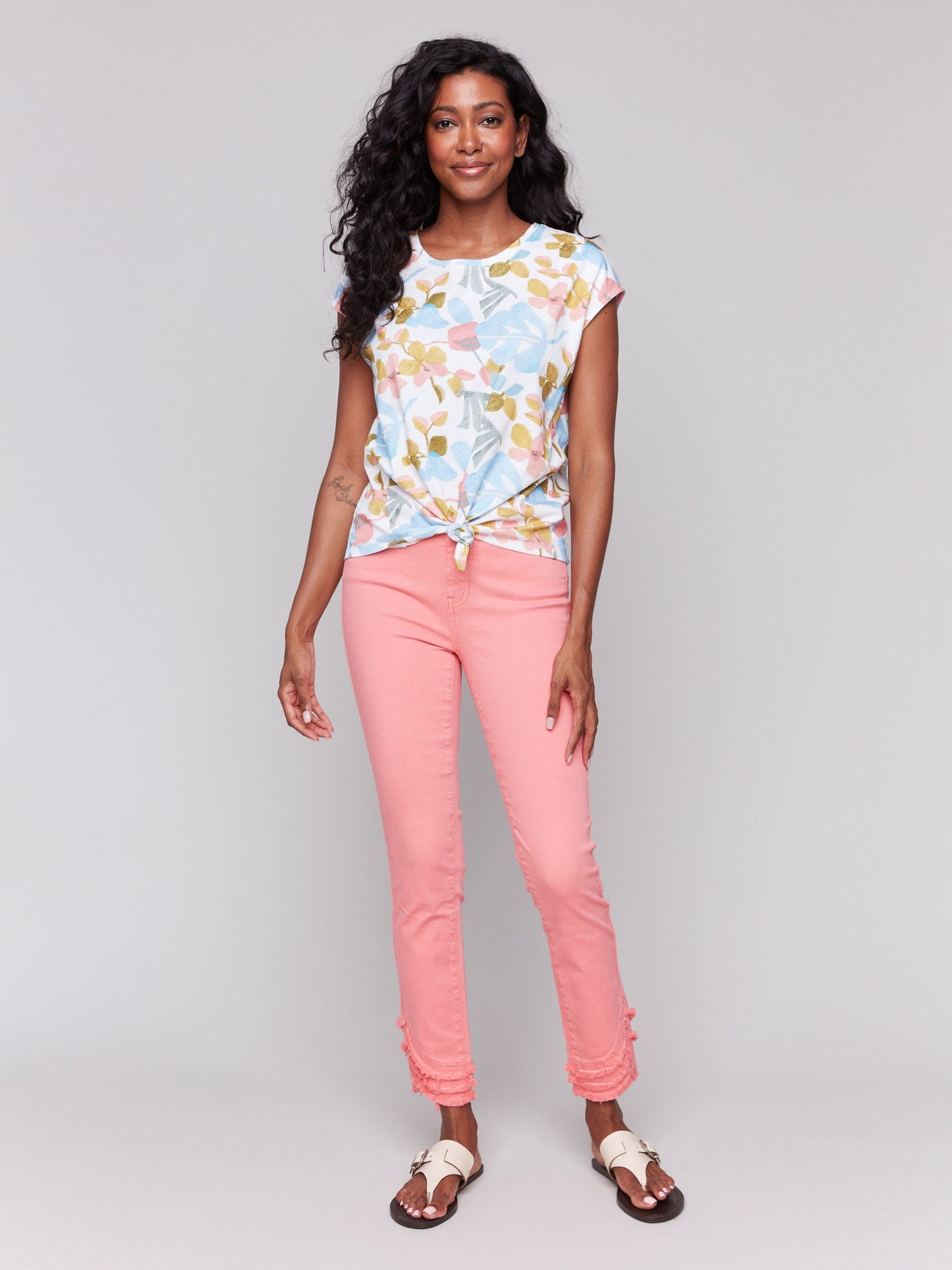 Printed Cotton Front Knot Top - Orchidée