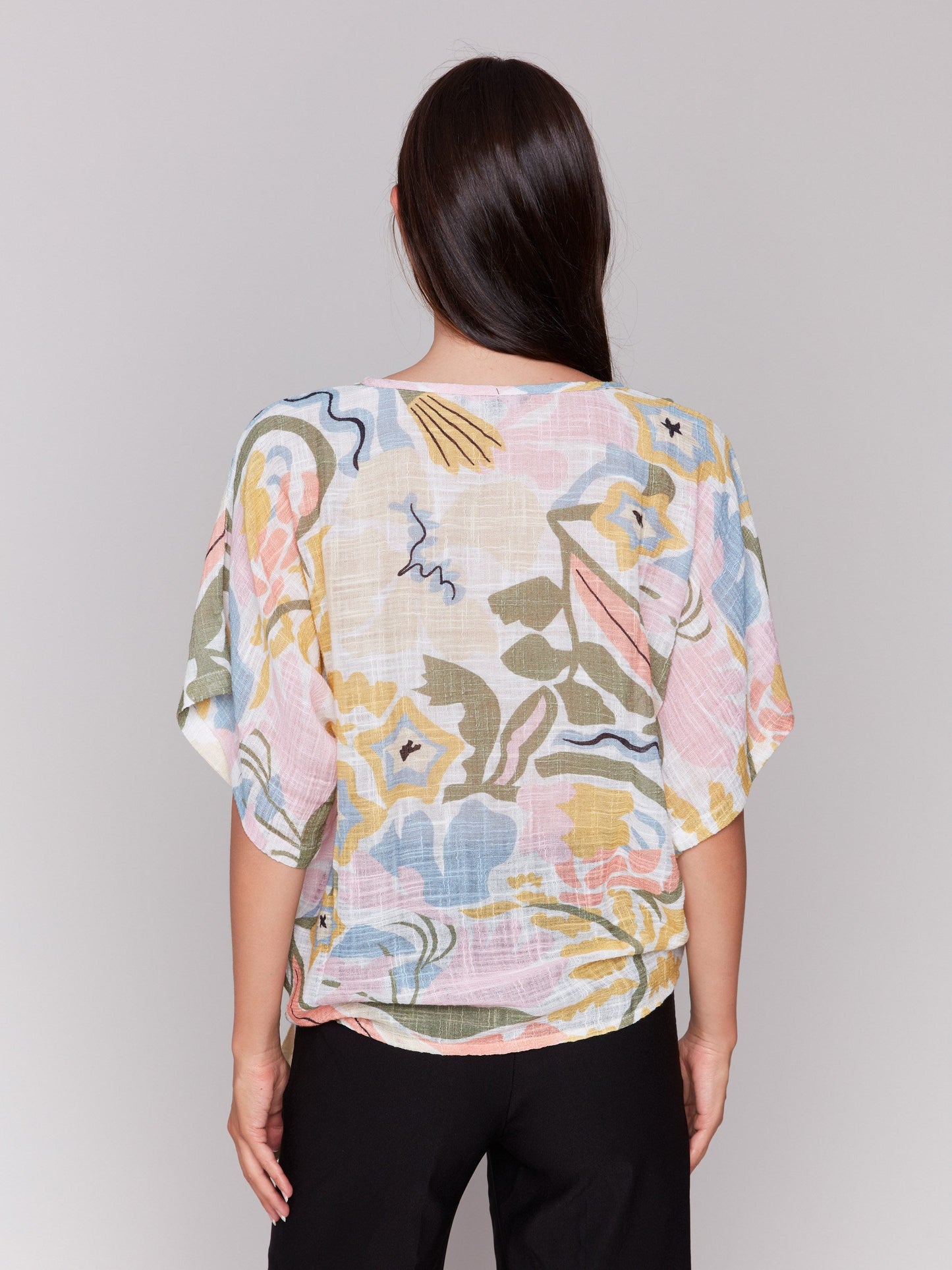 Printed Cotton Gauze Blouse with Side Tie - Pastel