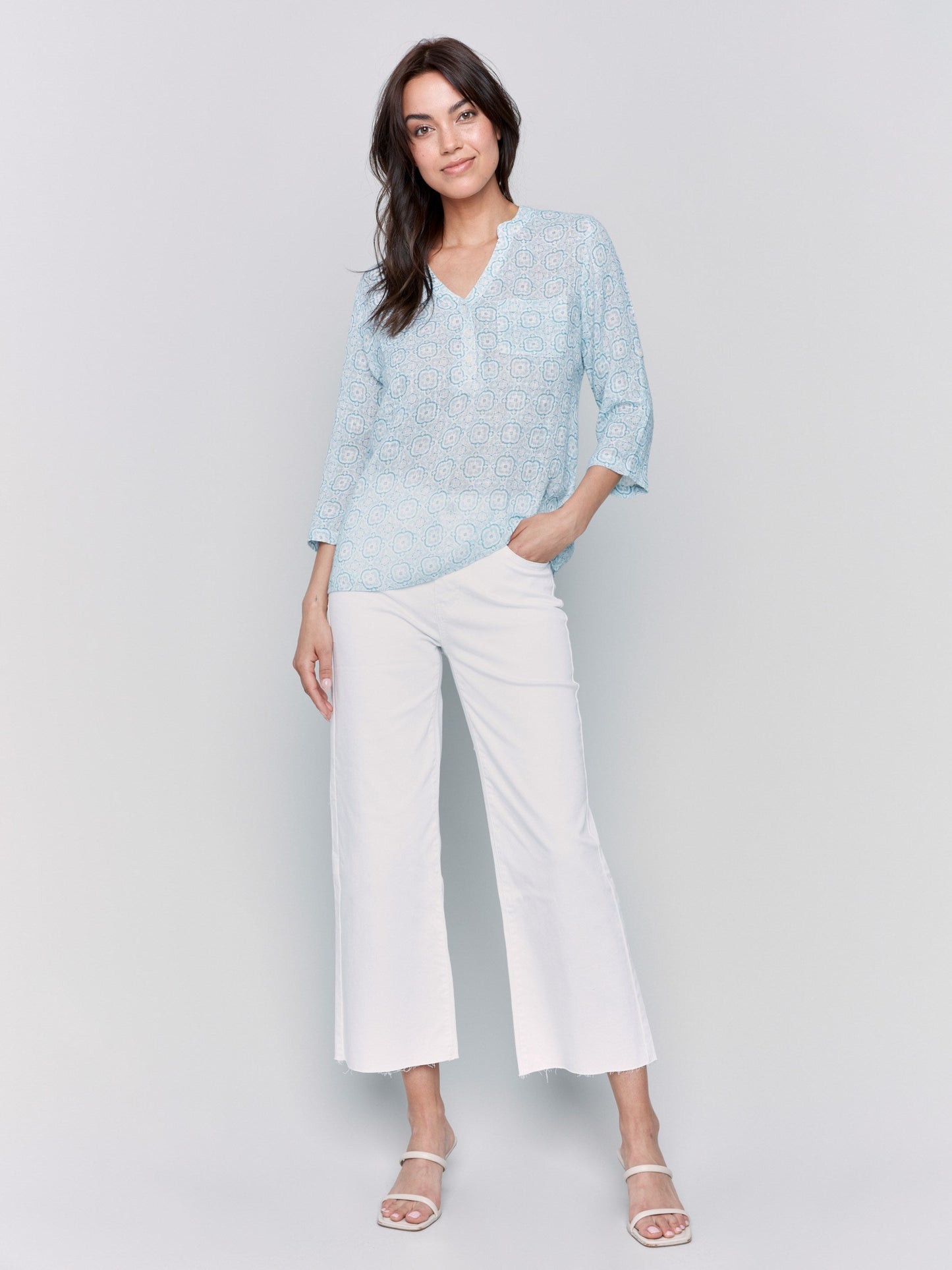 Printed Cotton Gauze Half-Button Blouse - Tiles