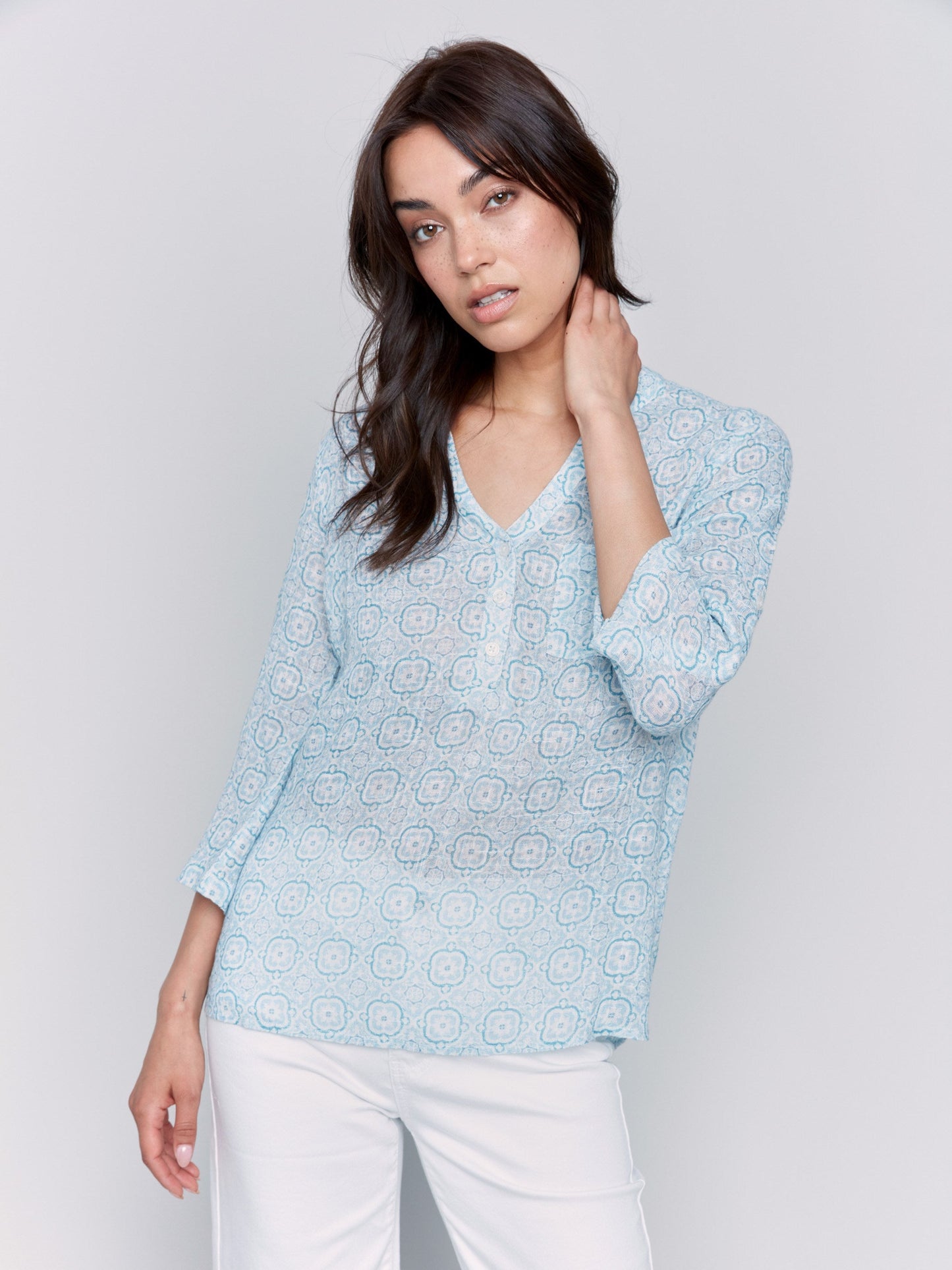 Printed Cotton Gauze Half-Button Blouse - Tiles