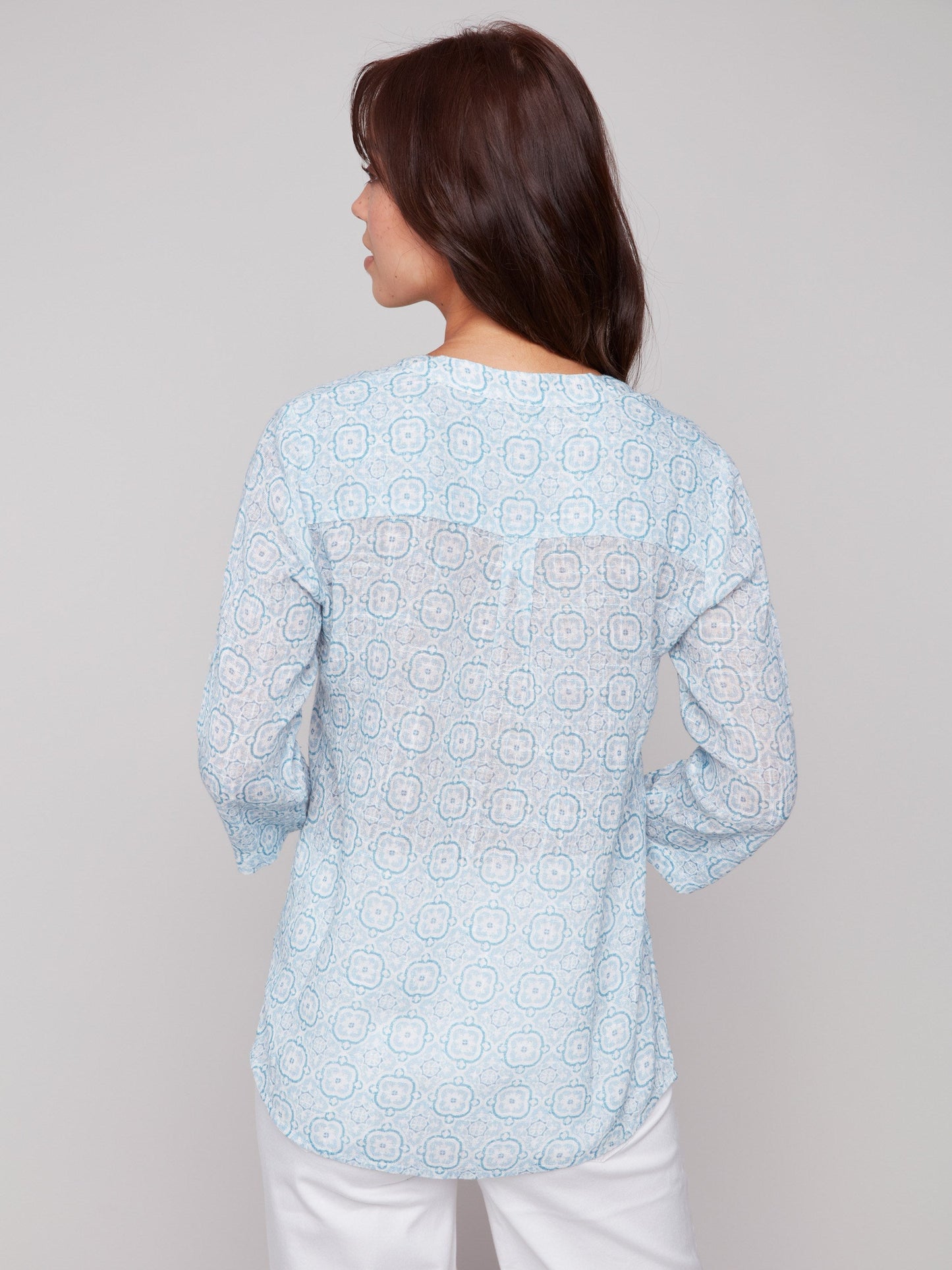 Printed Cotton Gauze Half-Button Blouse - Tiles