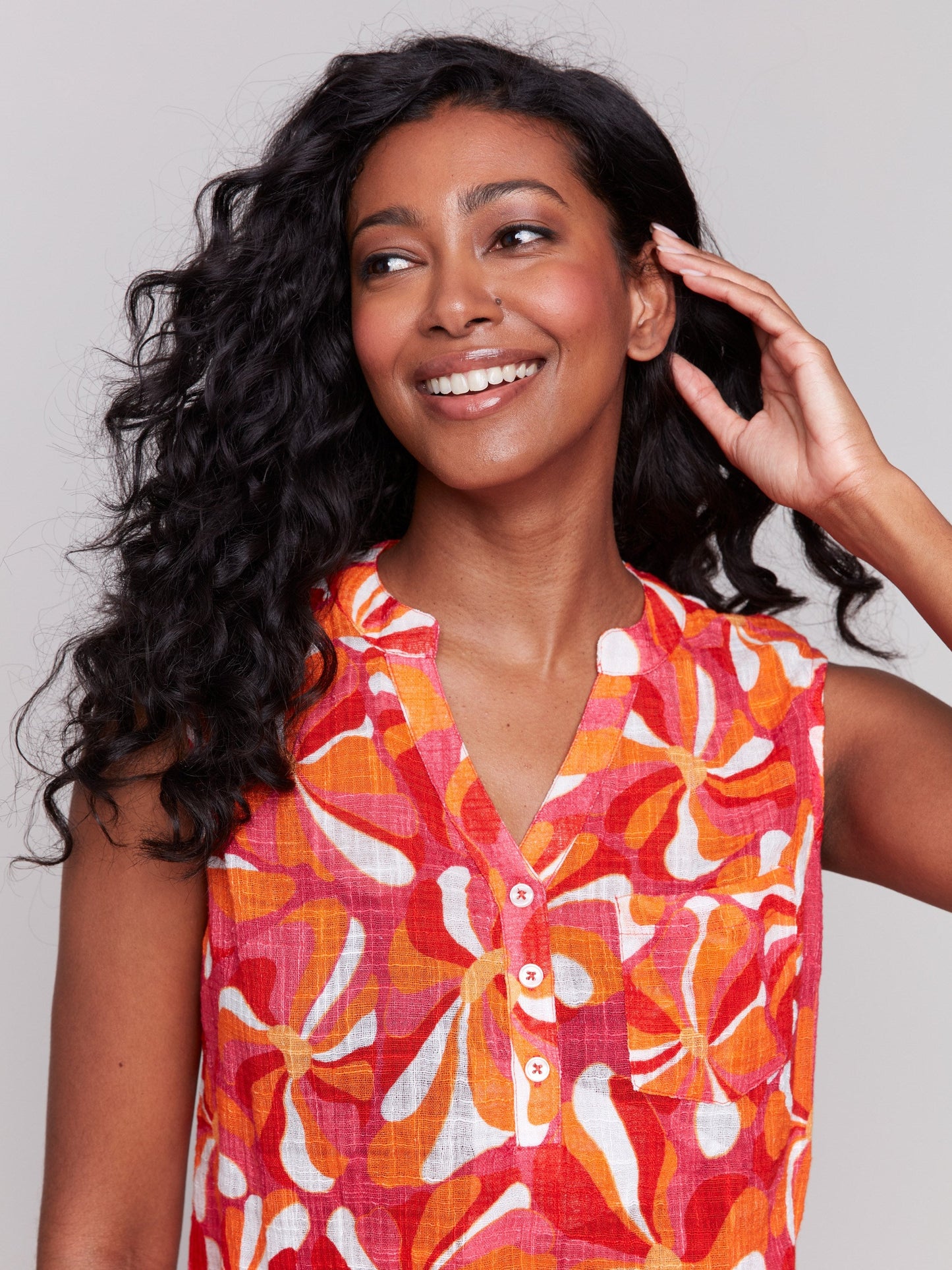 Printed Cotton Gauze Sleeveless Shirt - Groovy