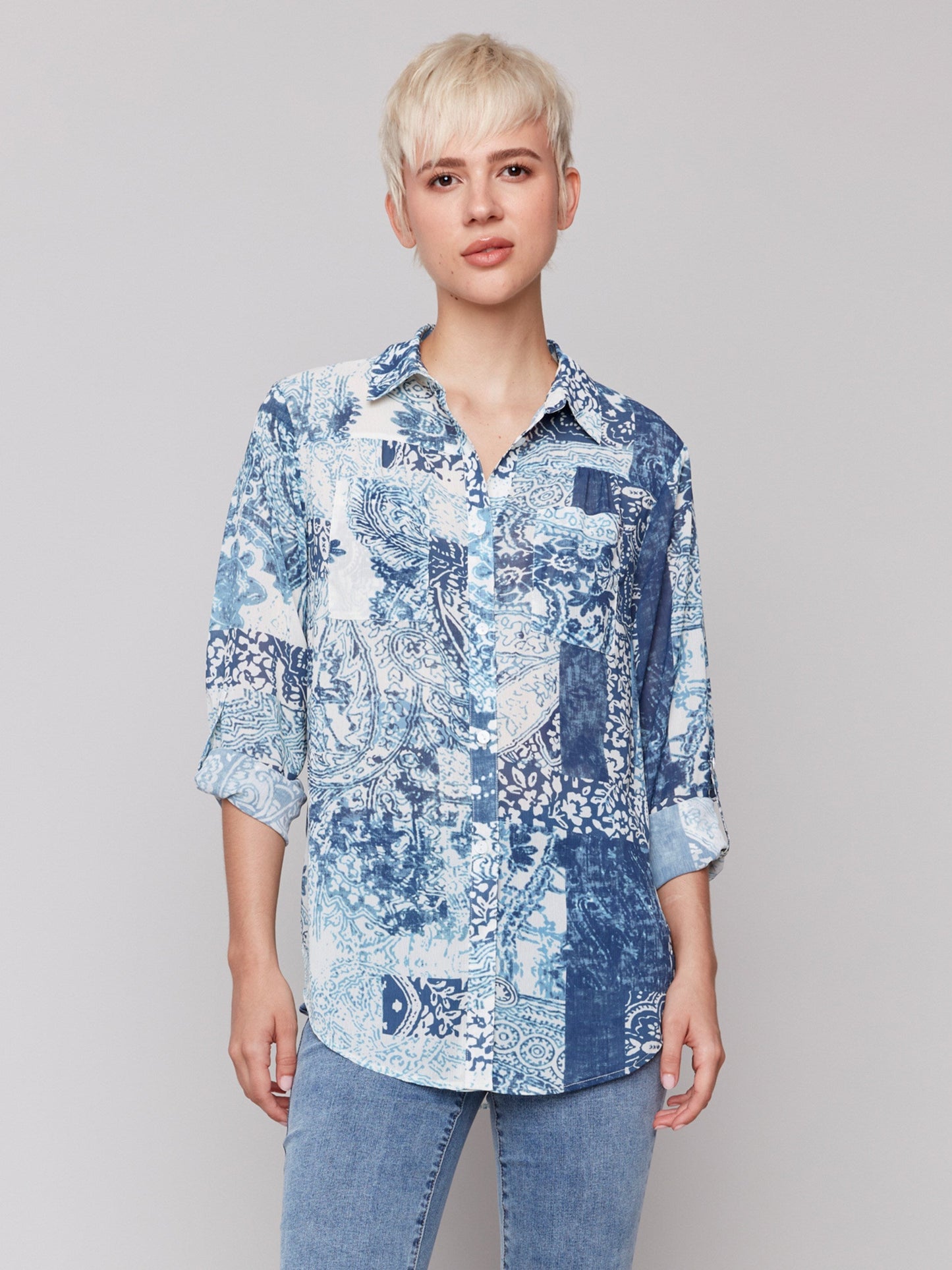 Printed Crinkle Button-Front Blouse - Scarf