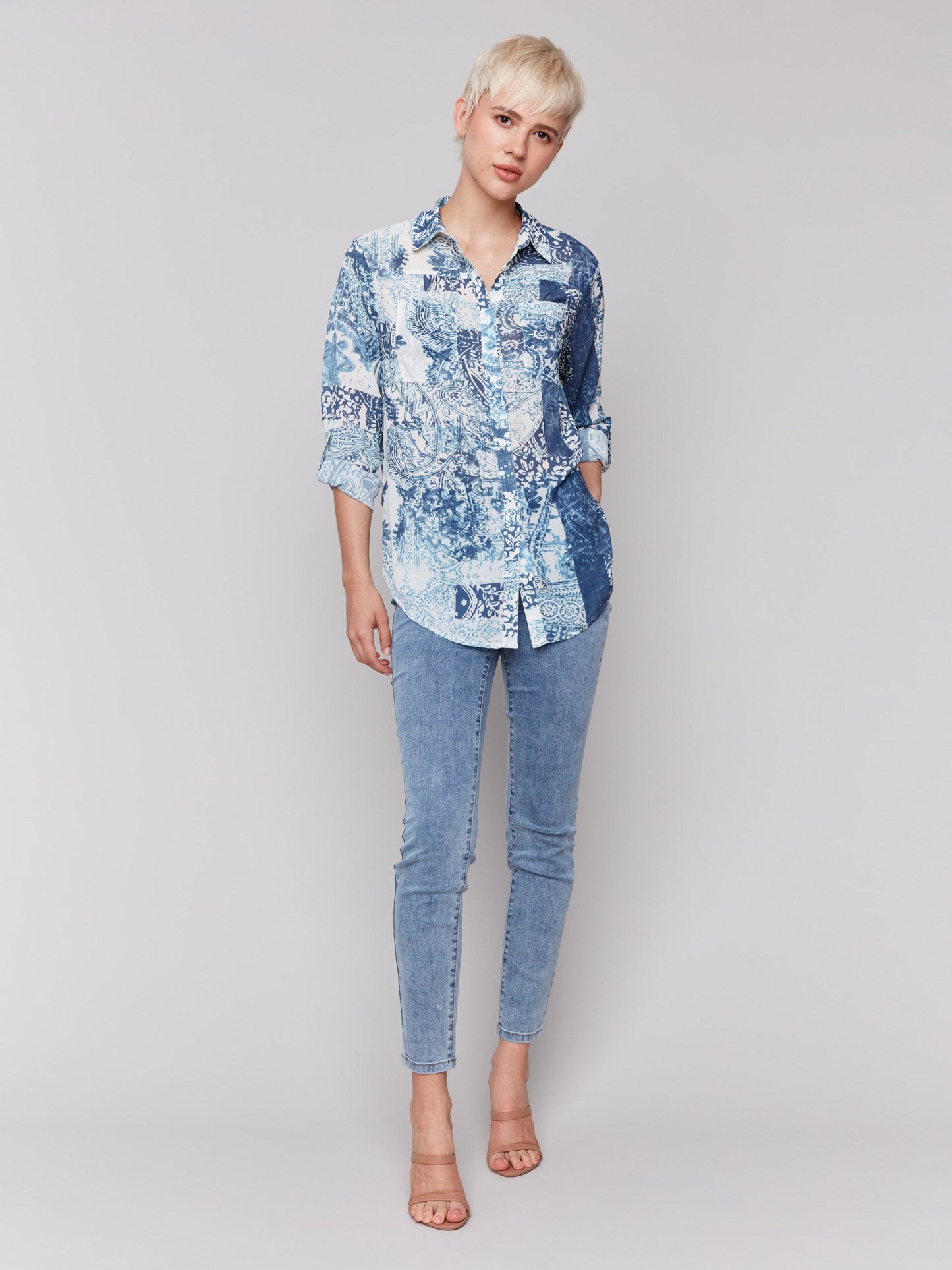 Printed Crinkle Button-Front Blouse - Scarf