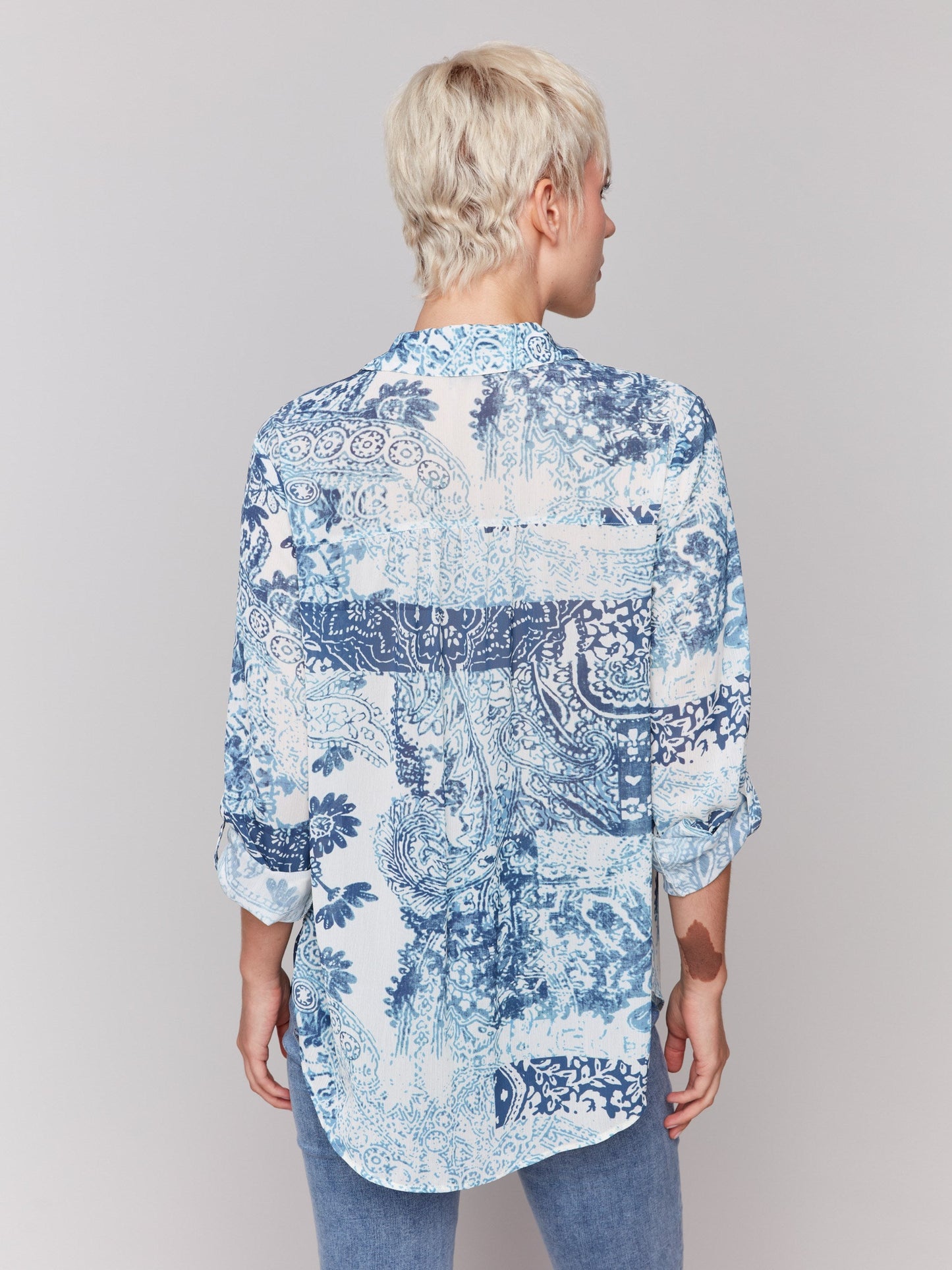 Printed Crinkle Button-Front Blouse - Scarf