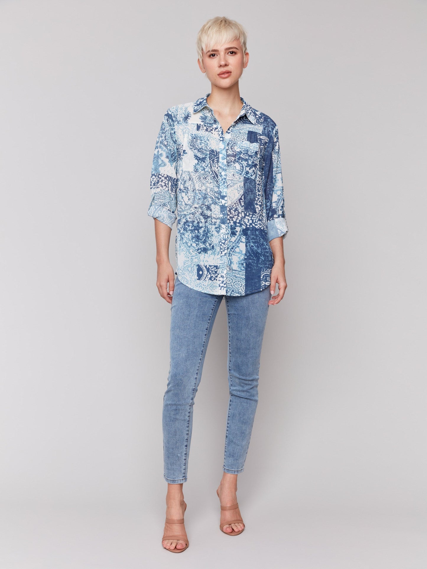 Printed Crinkle Button-Front Blouse - Scarf
