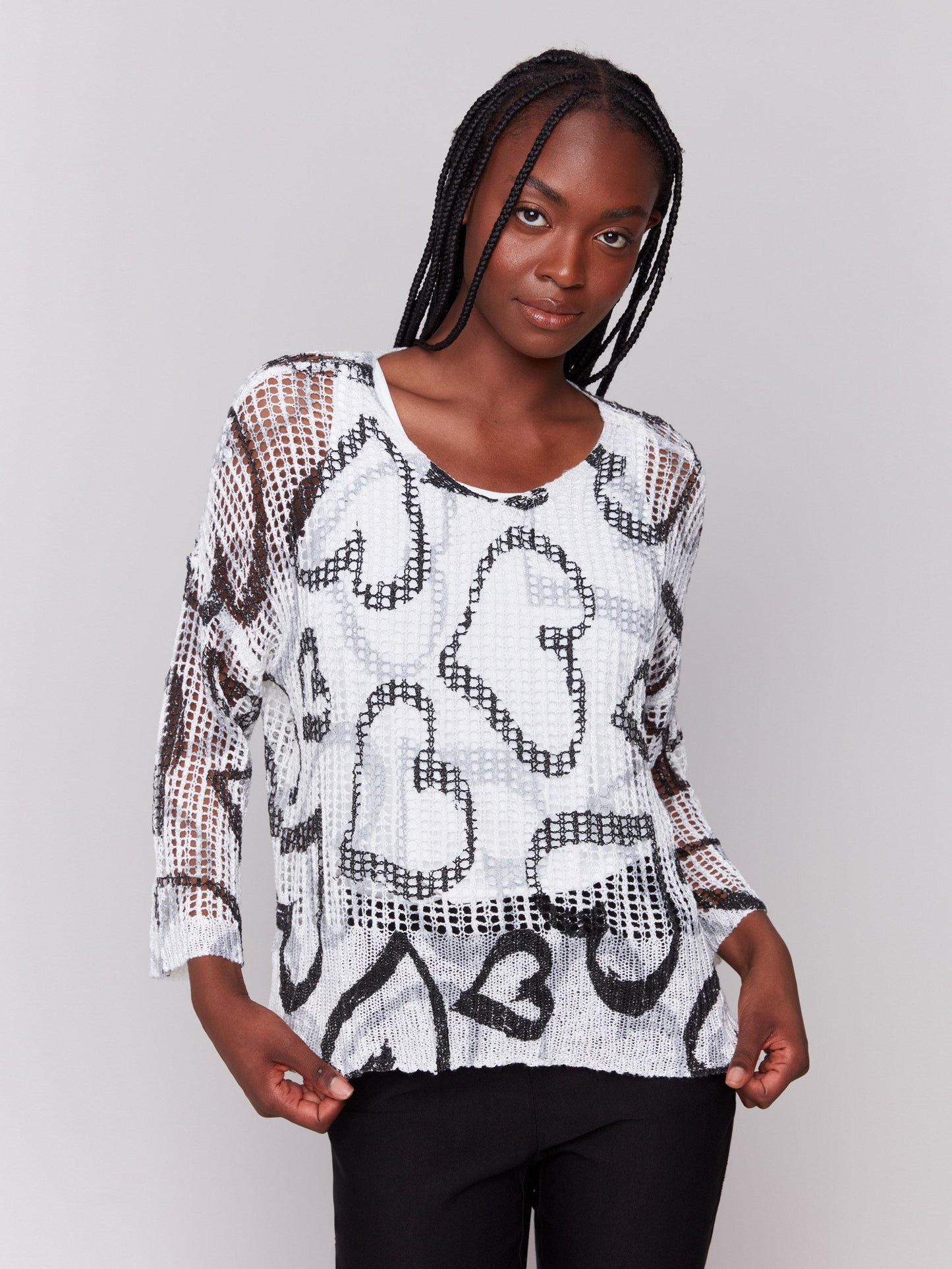 Printed Fishnet Crochet Sweater - Hearts