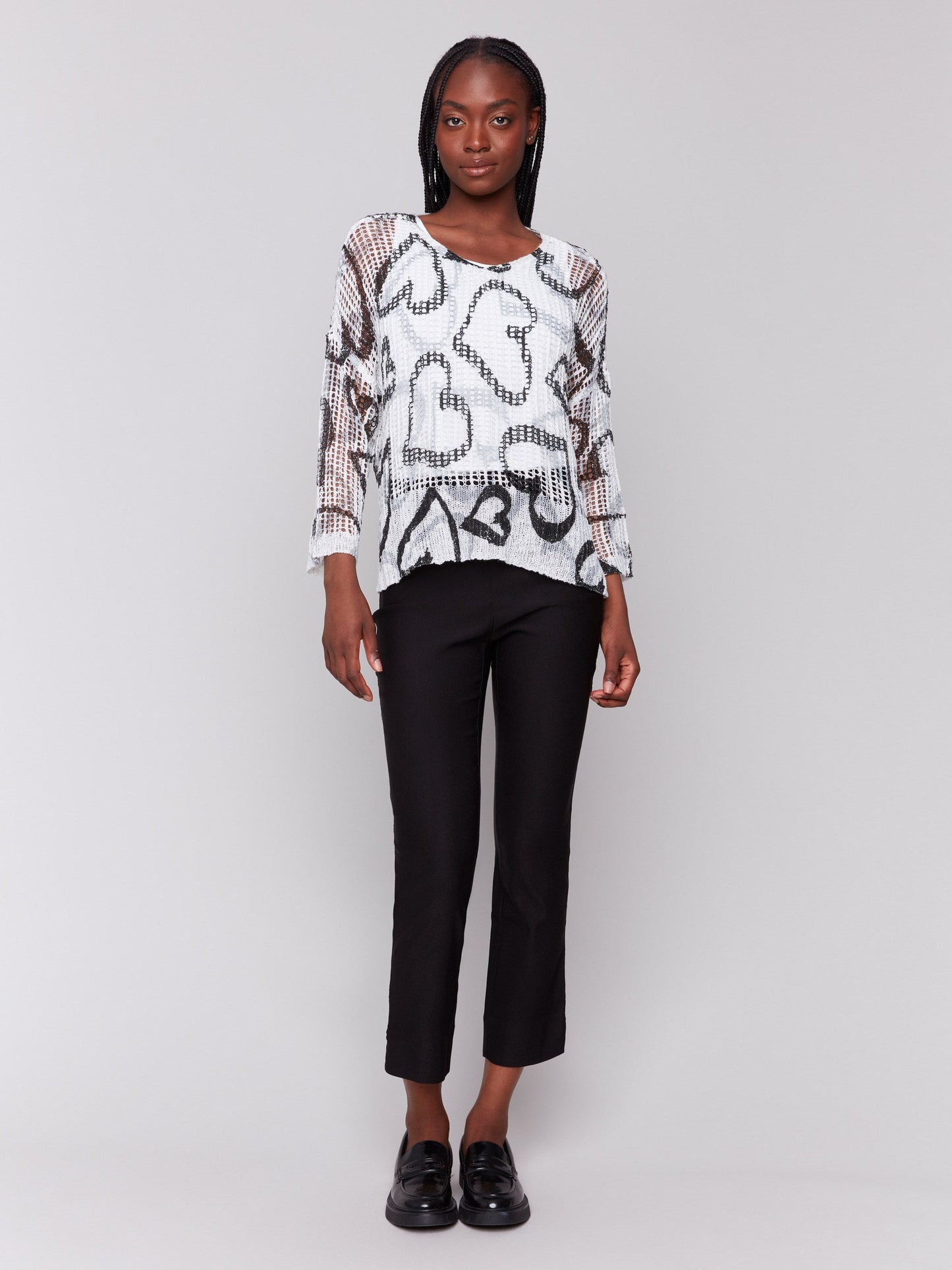 Printed Fishnet Crochet Sweater - Hearts