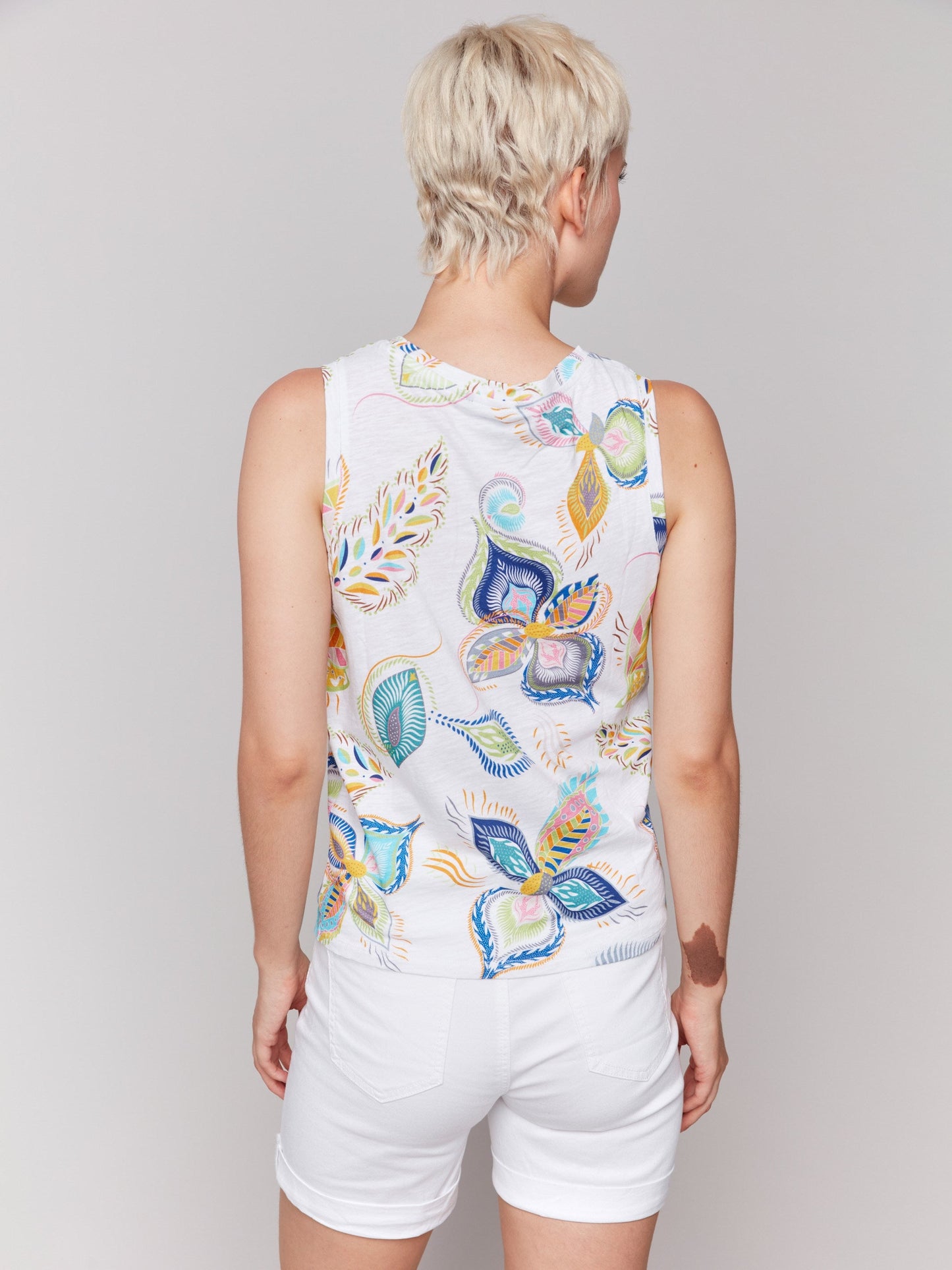 Printed Cotton Slub Tank Top with Knot Detail - Feathers