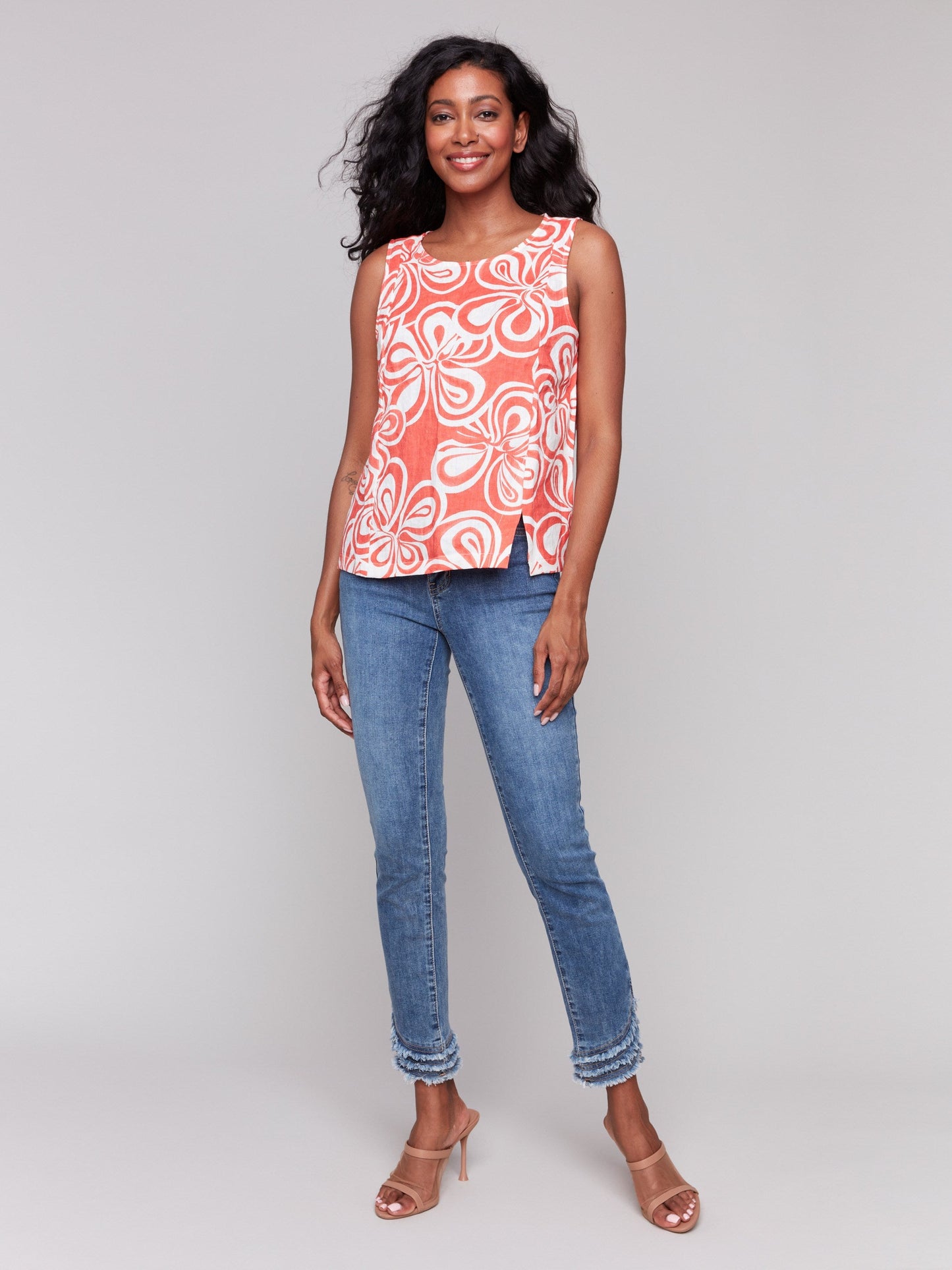 Printed Sleeveless Linen Blend Top with Slit - Coral