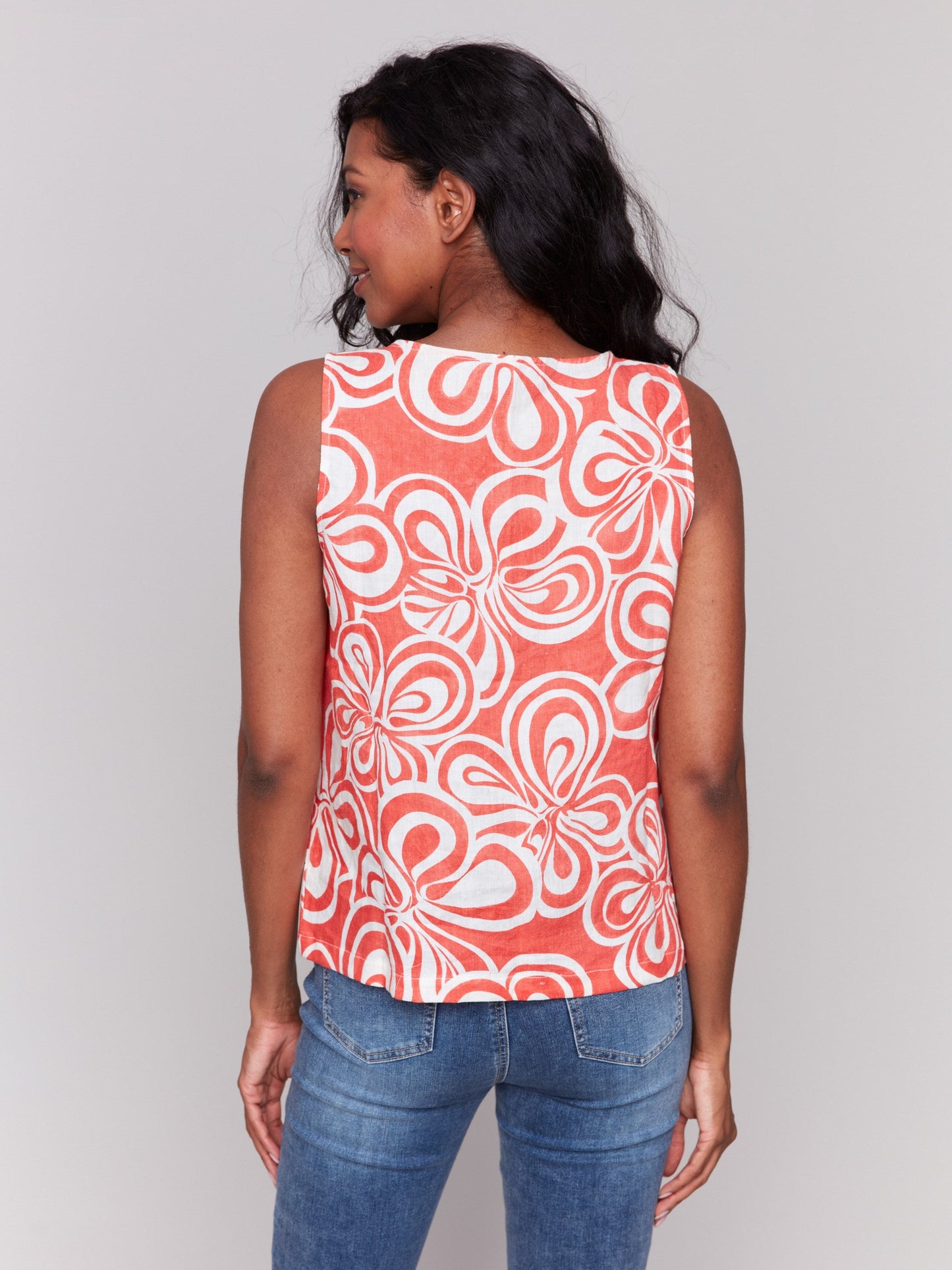 Printed Sleeveless Linen Blend Top with Slit - Coral