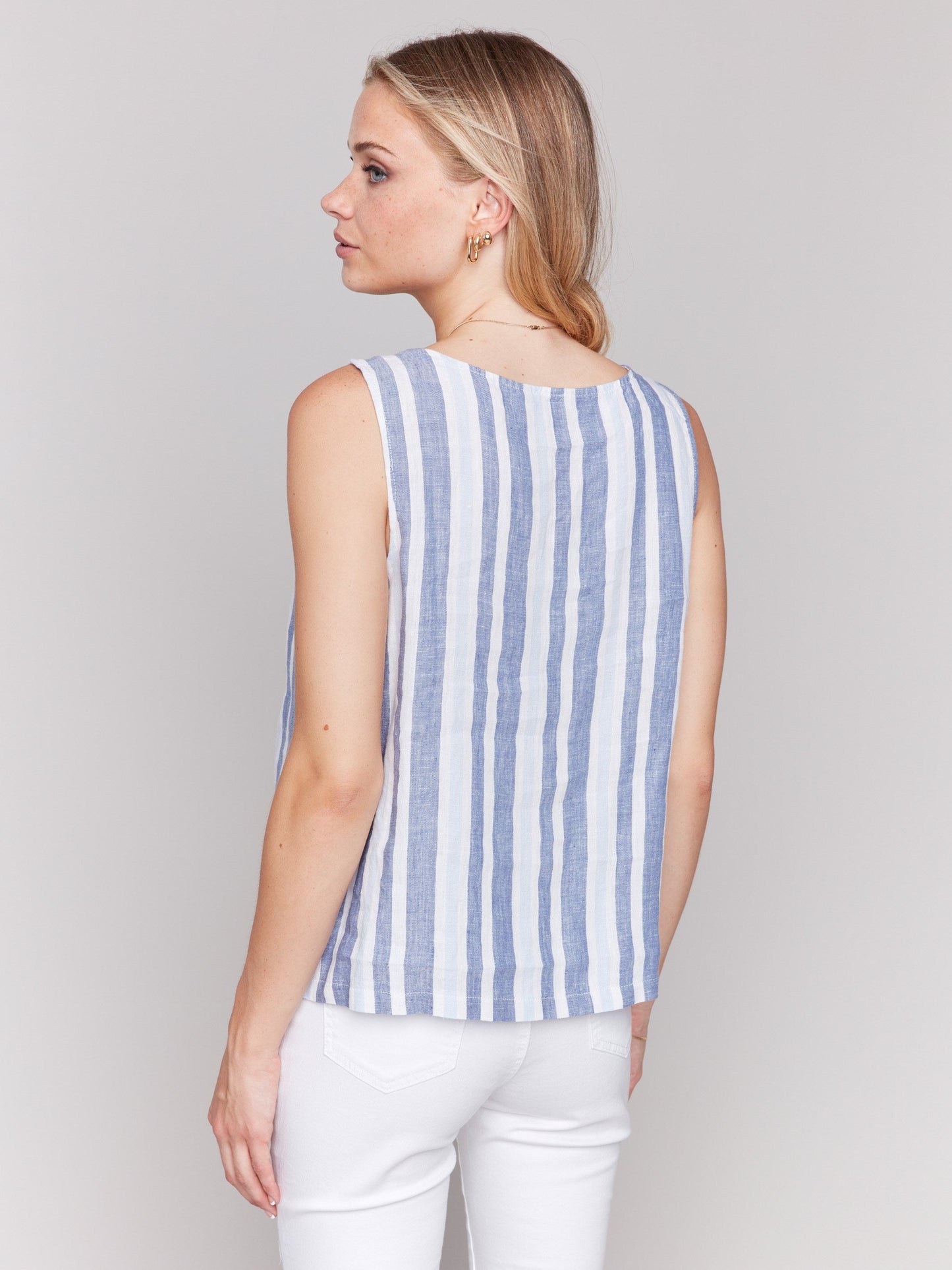 Printed Sleeveless Linen Blend Top with Slit - Stripes