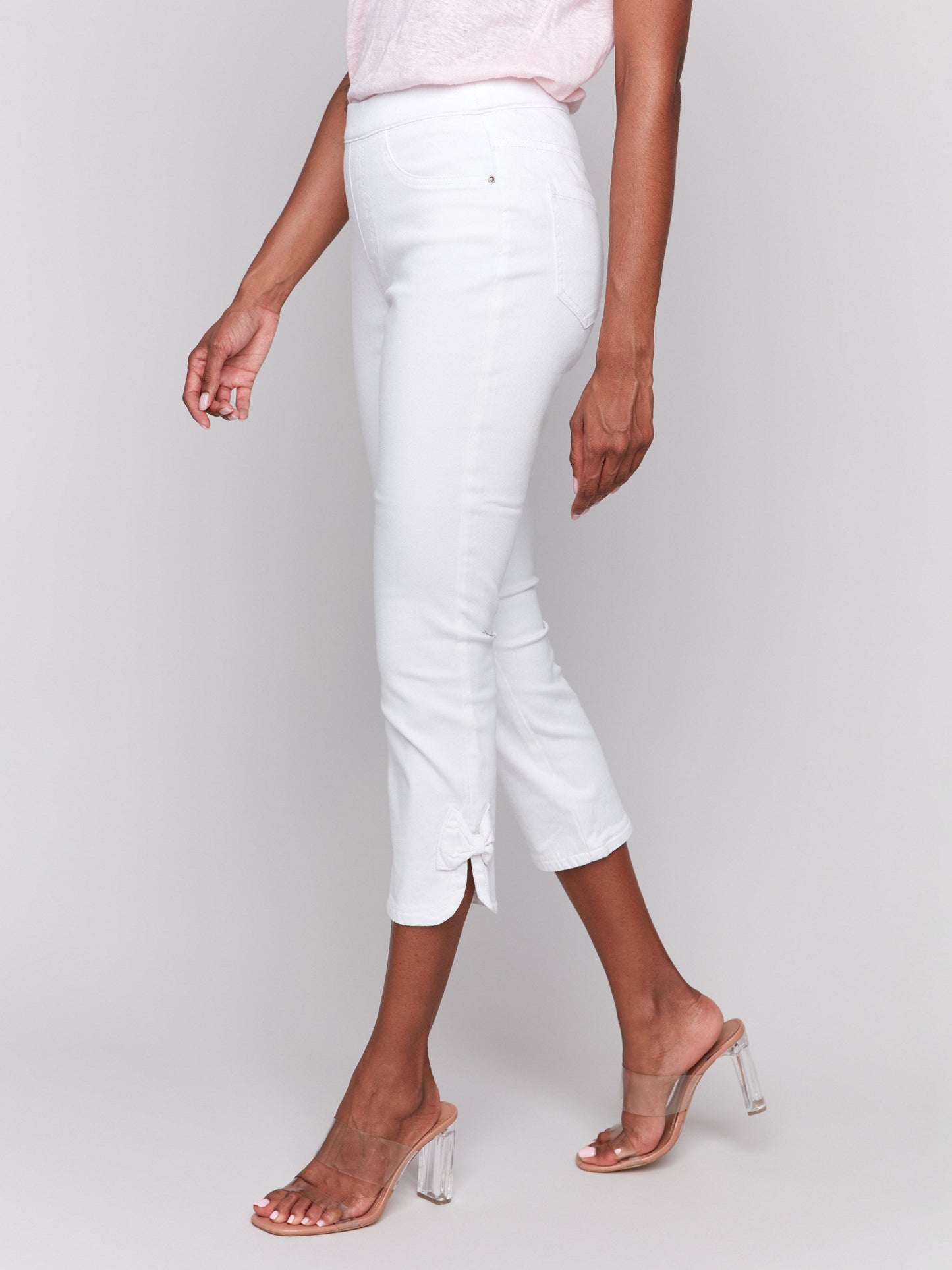 Pull-On Twill Pants with Bow Detail - White