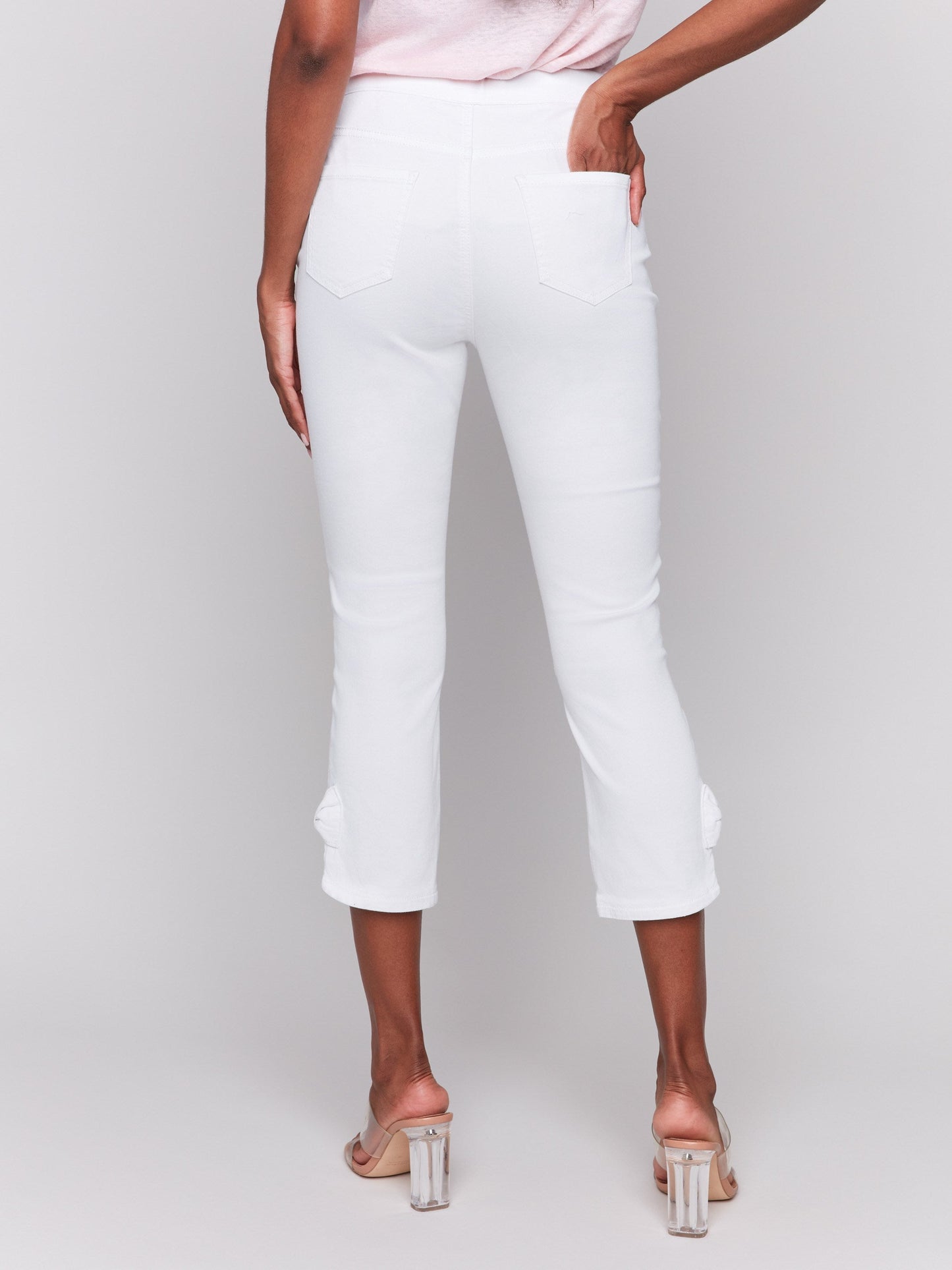Pull-On Twill Pants with Bow Detail - White