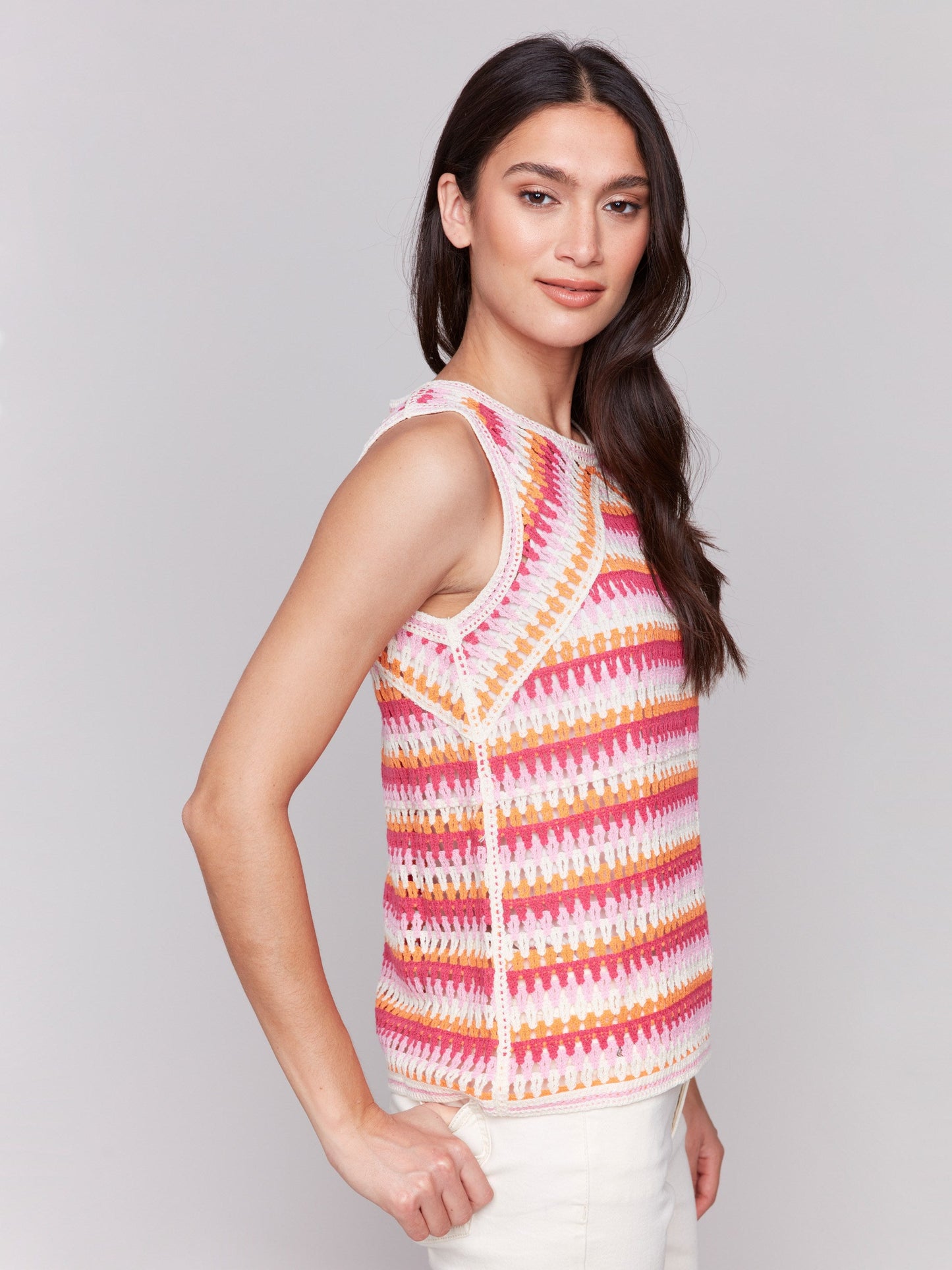 Sleeveless Crochet Crew Neck Top - Begonia