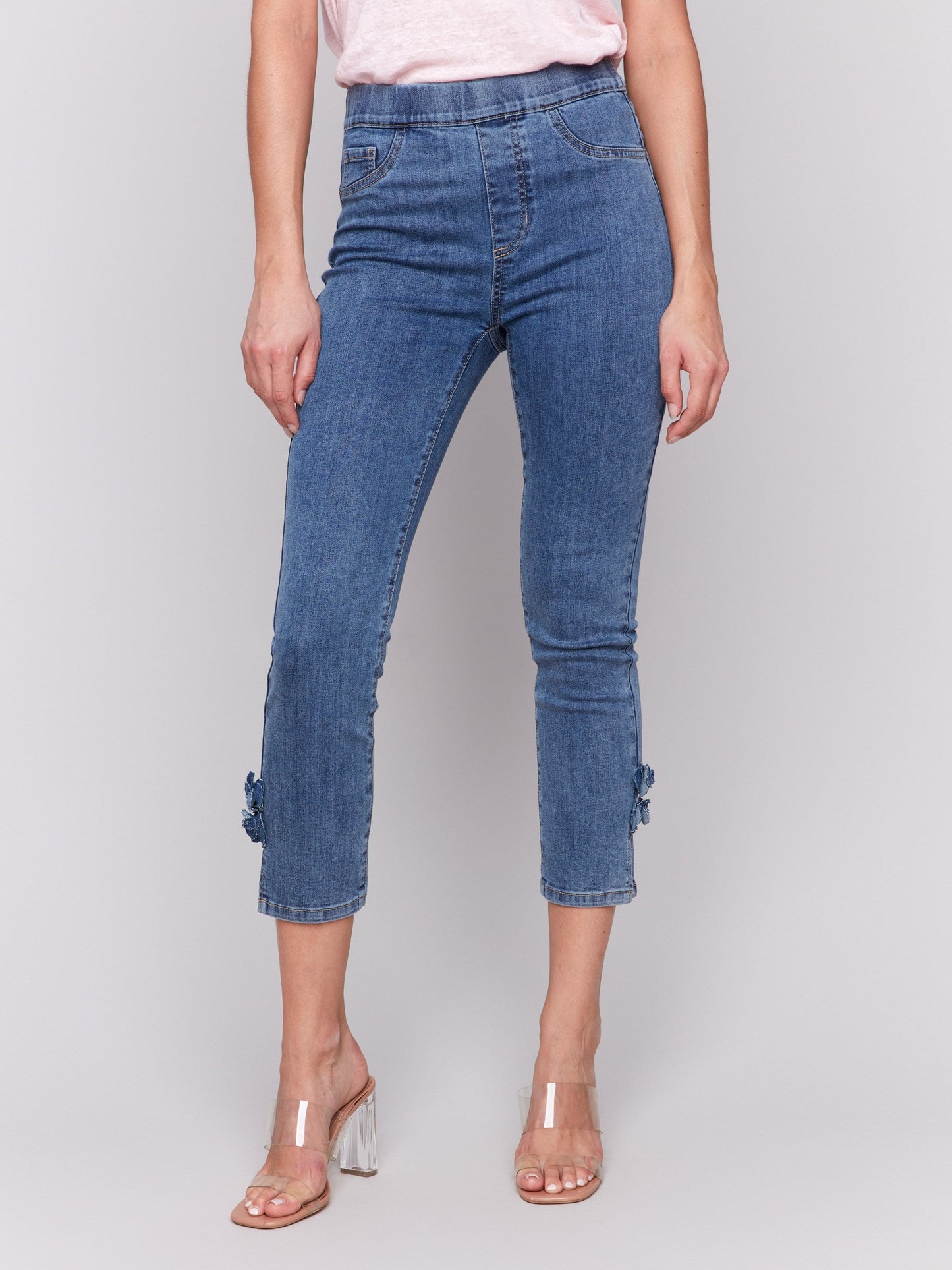 Slim Fit Cropped Jeans with Side Flowers - Medium Blue
