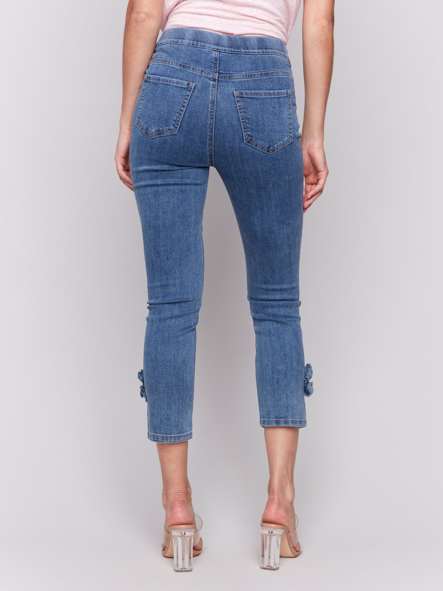 Slim Fit Cropped Jeans with Side Flowers - Medium Blue