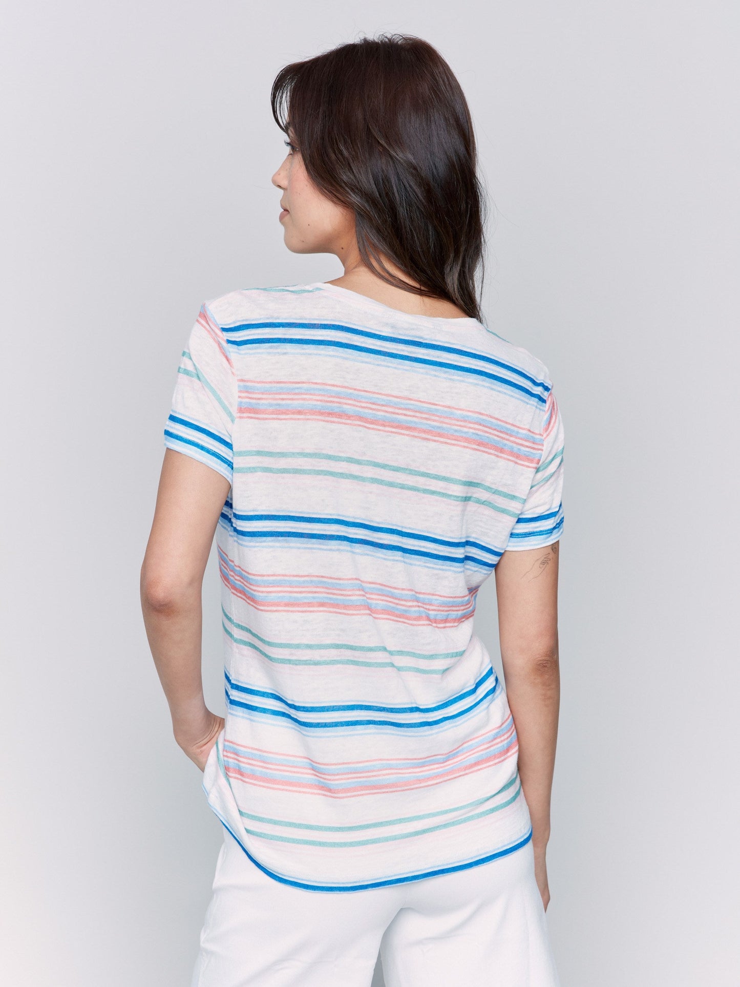 Striped Linen Blend V-Neck T-Shirt - Lilypad