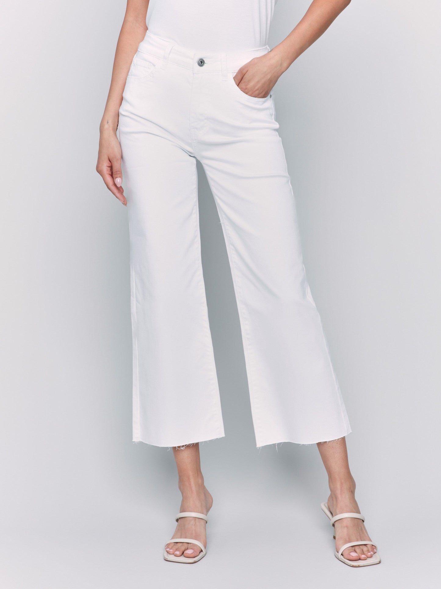 Wide Leg Twill Pants With Raw Edge - White
