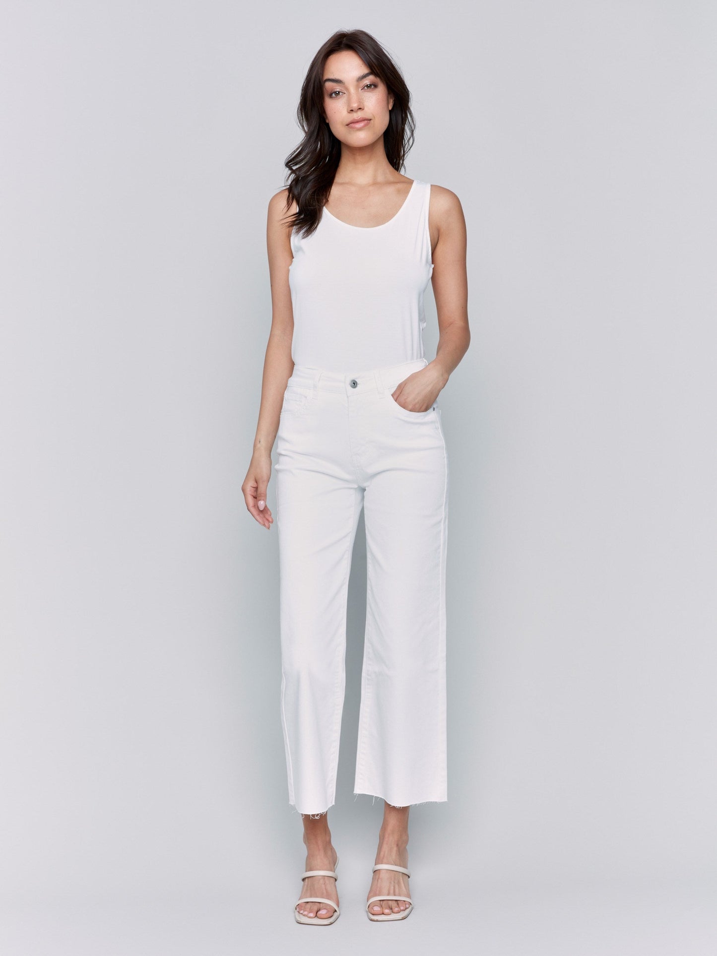 Wide Leg Twill Pants With Raw Edge - White