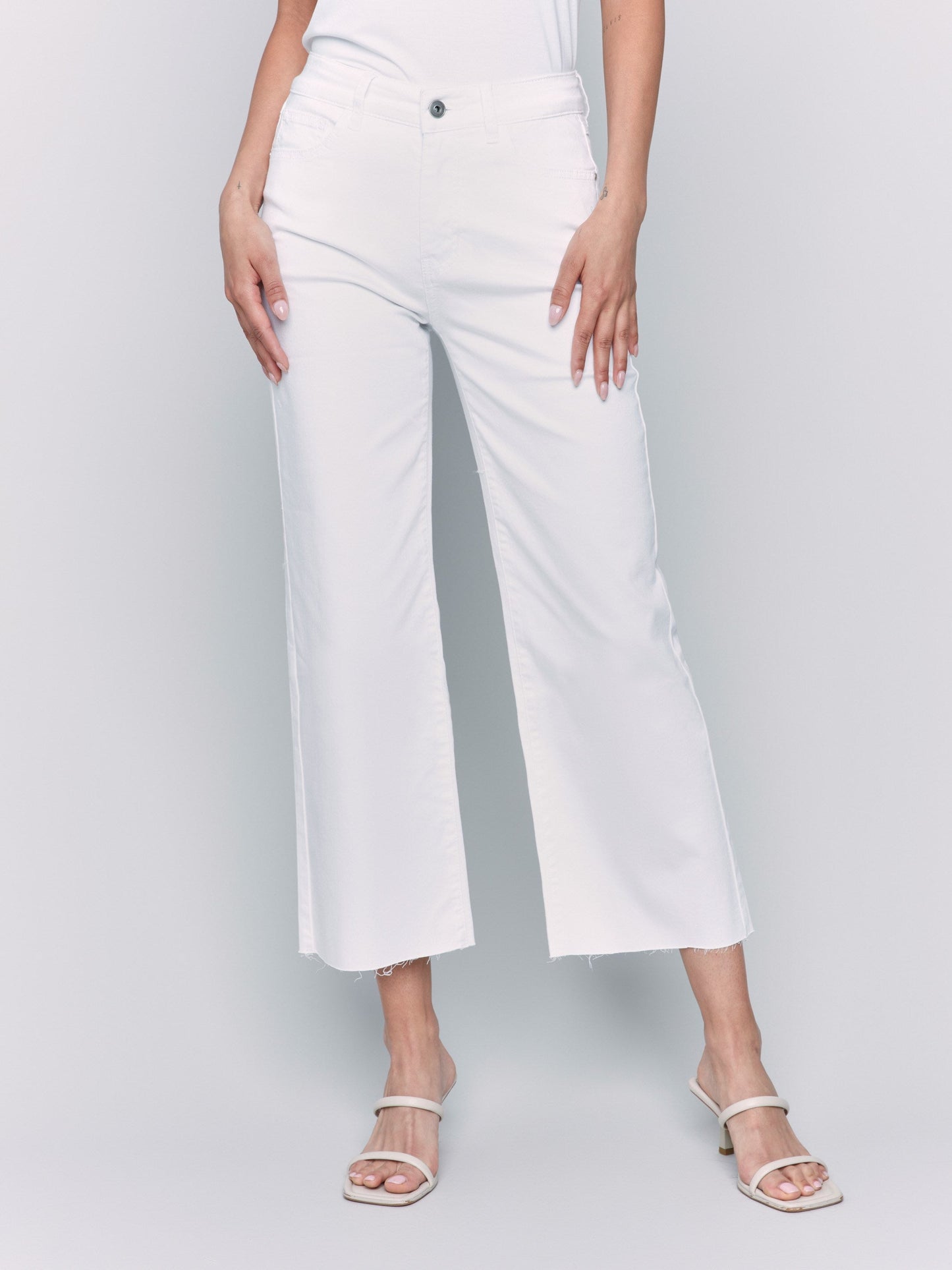 Wide Leg Twill Pants With Raw Edge - White