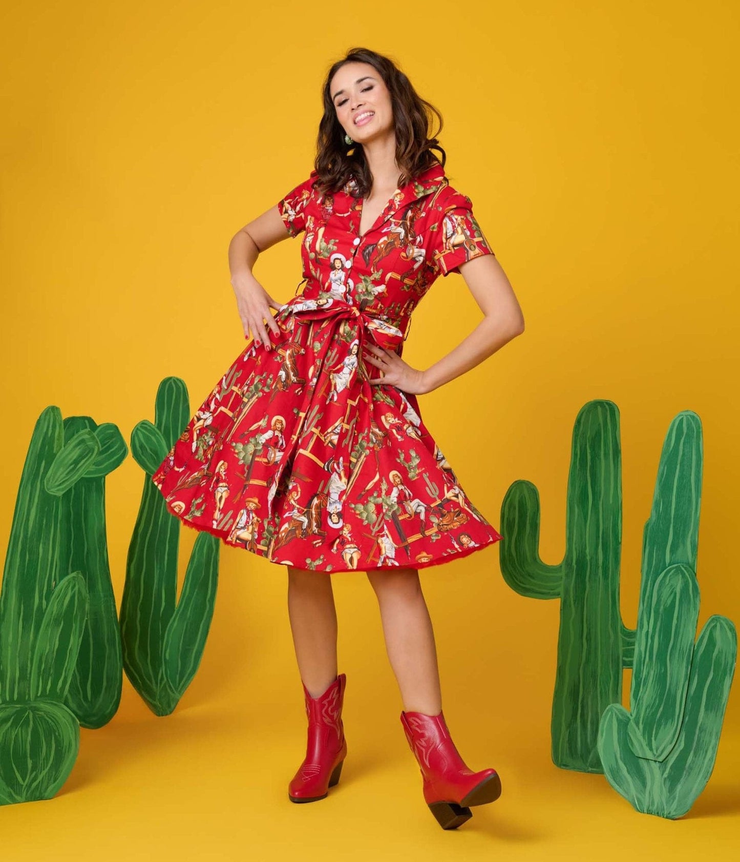 Red & Cowgirl Print Swing Shirt Dress