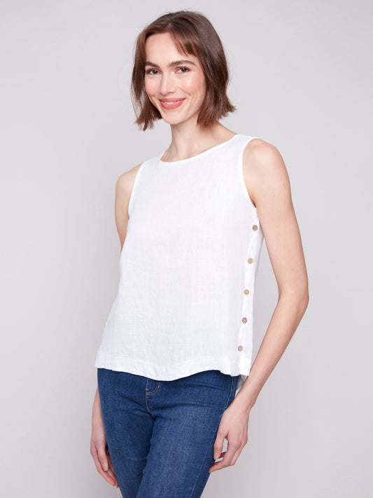 Sleeveless Linen Top with Side Buttons - White