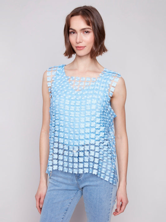 Sleeveless Textured Crochet Flower Top - Bluebell