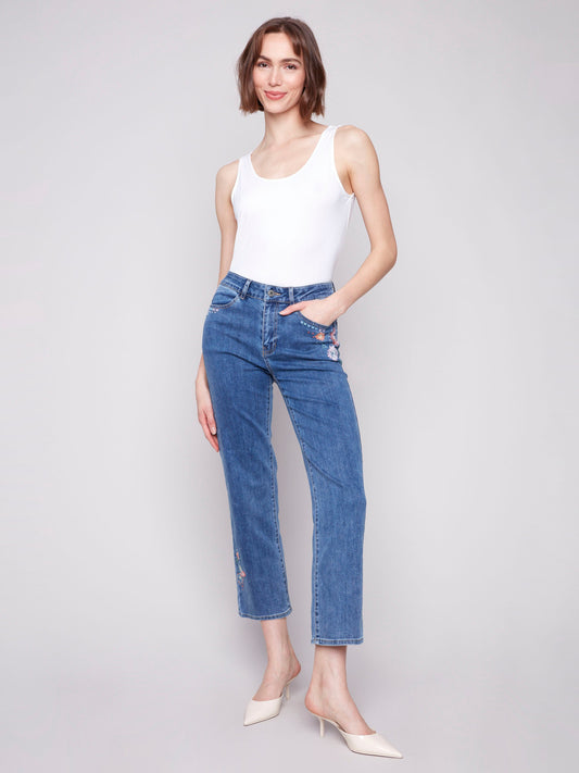 Straight Leg Embroidered Jeans - Medium Blue