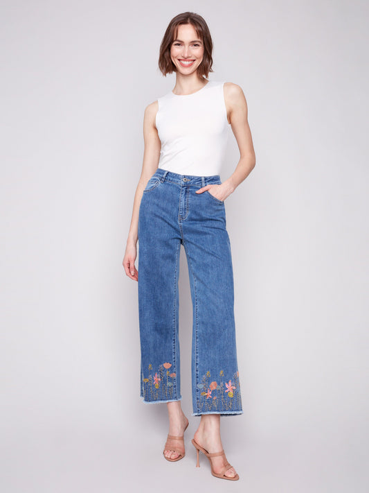 Wide Leg Jeans with Floral Embroidered Hem - Medium Blue