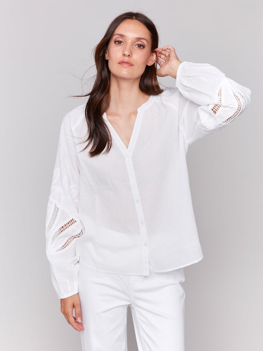 Cotton Button-Front Blouse with Embroidery - White