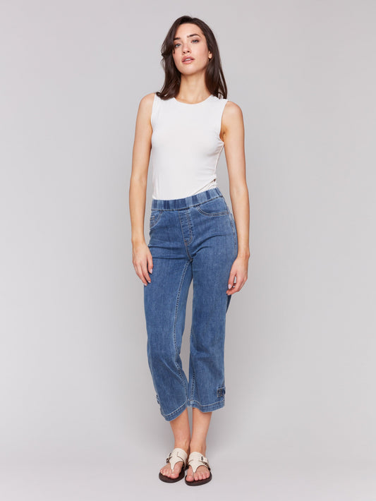 Cropped Pull-On Jeans with Hem Tab - Medium Blue