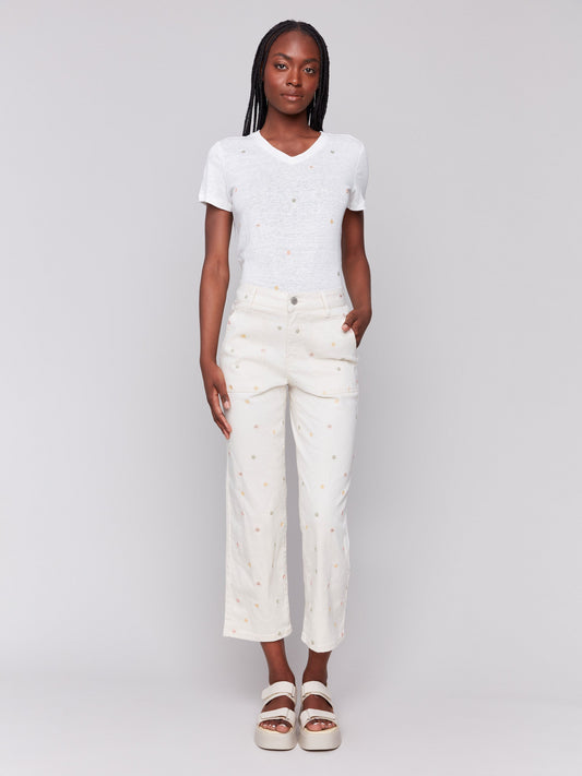 Embroidered Cropped Utility Twill Pants - Natural