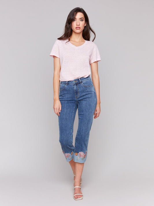 Embroidered Cuff Cropped Jeans - Medium Blue