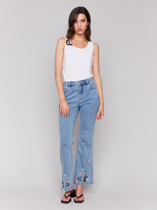 Floral Embroidered Bootcut Jeans - Light Blue